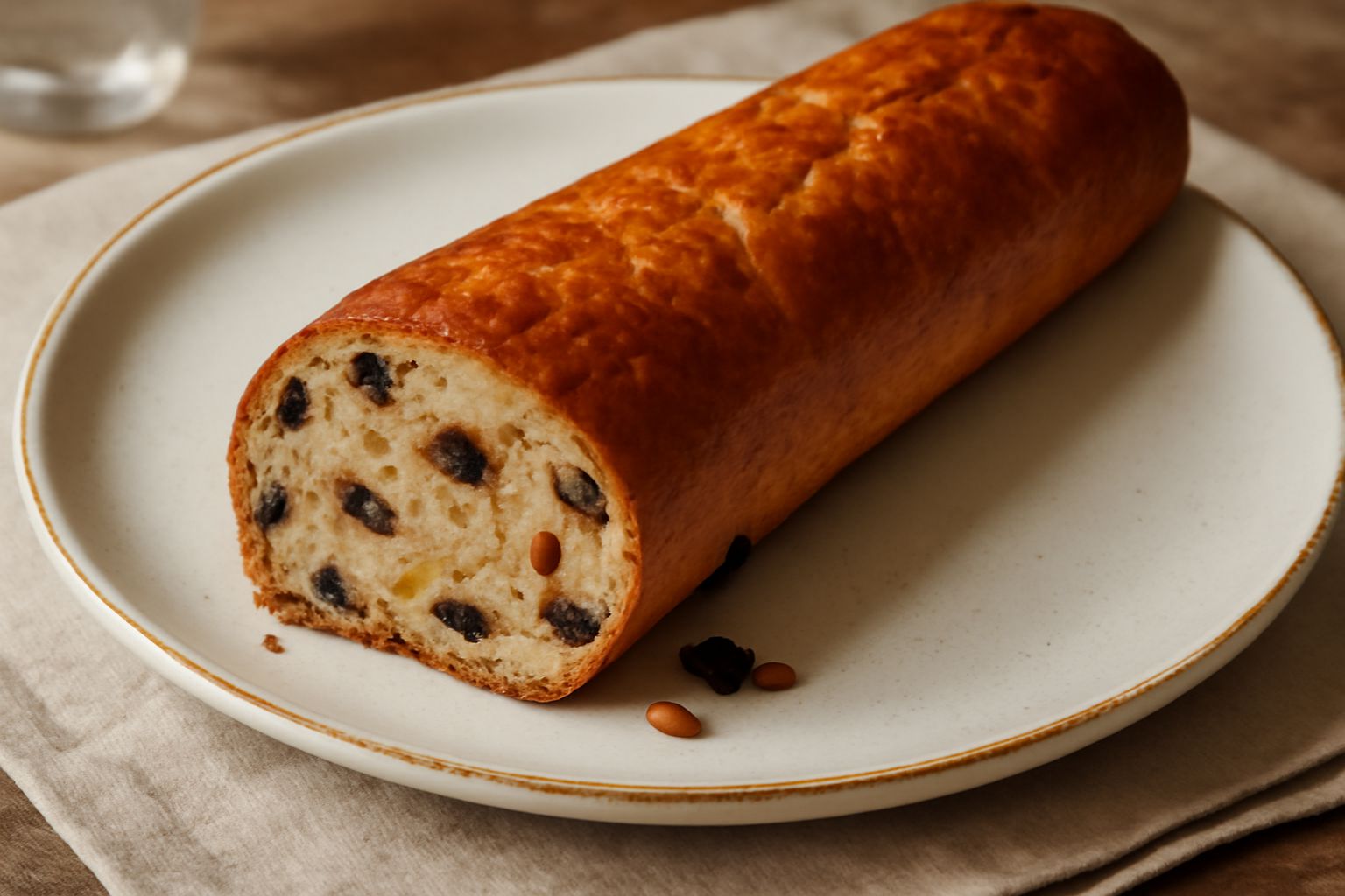 Panatella intera appena sfornata, con superficie dorata e leggermente screpolata, affettata parzialmente per mostrare l'interno soffice beige con visibili uvetta scura e pinoli sparsi, posata su carta