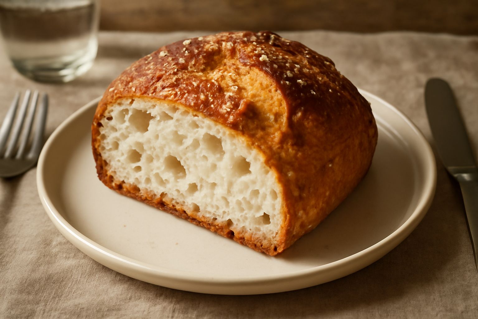 Panbriaco salato tagliato a metà su tavola di legno, crosta dorata e screpolata, interno bianco-crema con alveoli irregolari, granelli di sale sulla superficie, pane intero sullo sfondo