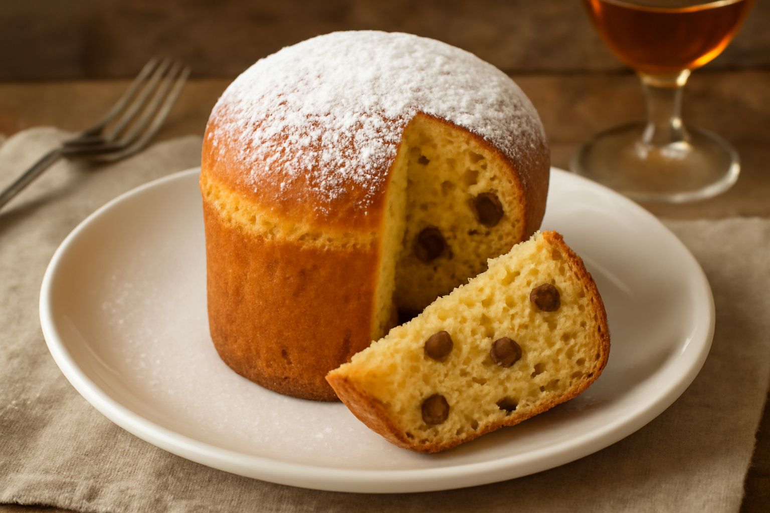 Panbriacone intero dorato affettato su piatto bianco, con uvetta e frutti canditi visibili nella mollica, coperto parzialmente da zucchero a velo