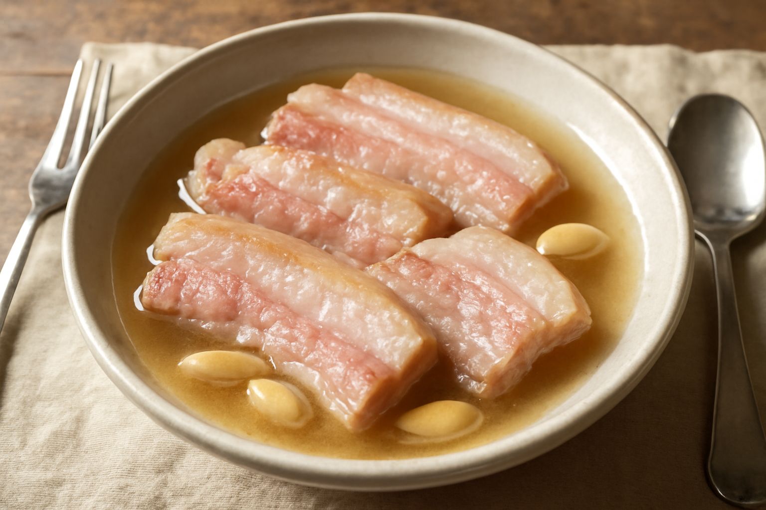 Pancelle di maiale tenerissime in brodo trasparente con aglio intero, pezzi di pancetta visibili, servite in scodella di terracotta fumante su tavolo di legno