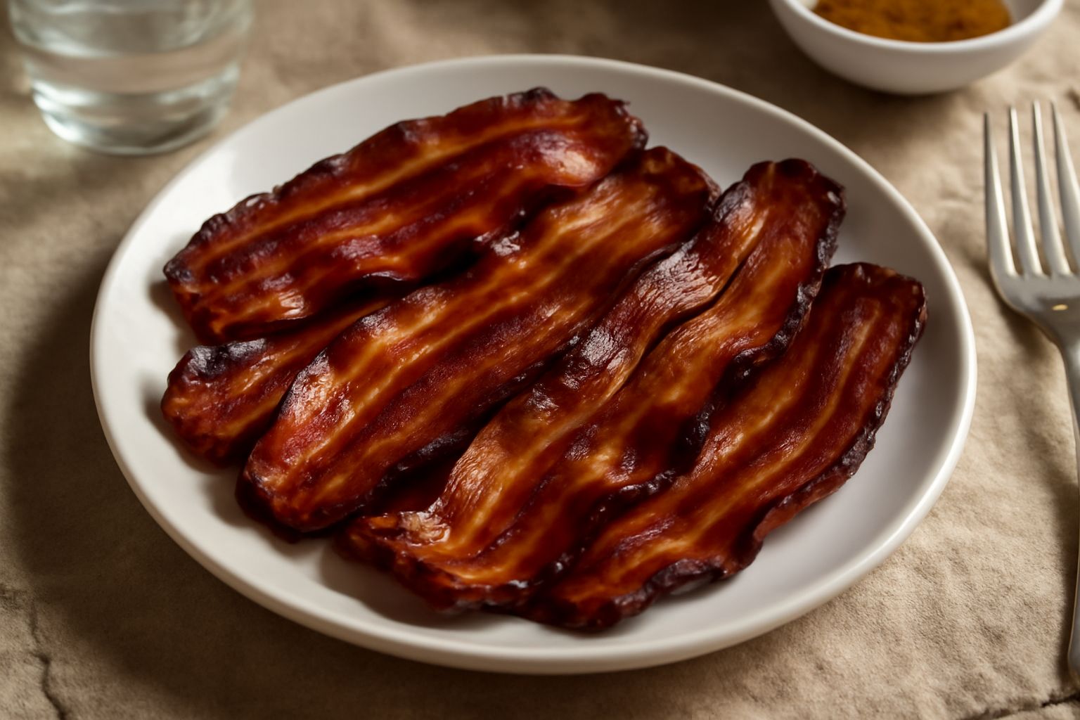 Fette di pancetta affumicata dal colore marroncino uniforme, leggermente lucide, impilate nel piatto bianco, contorno di prezzemolo fresco verde