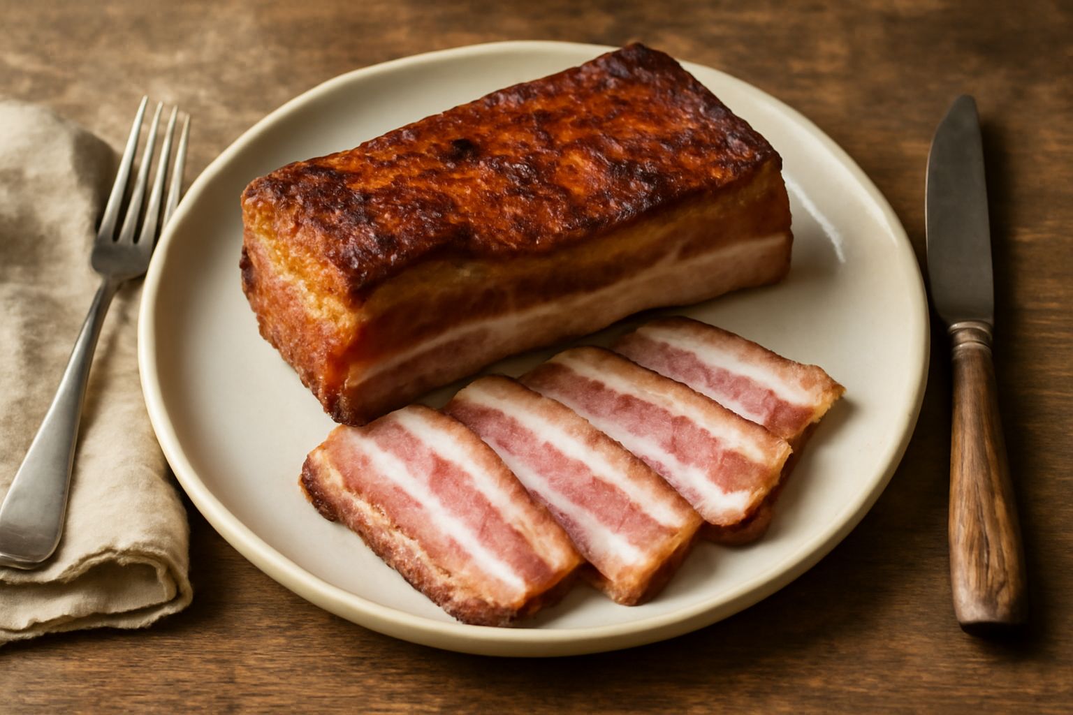 Fette di pancetta affumicata color marrone dorato con striature di pepe nero e rosmarino, disposte su un tagliere di legno scuro