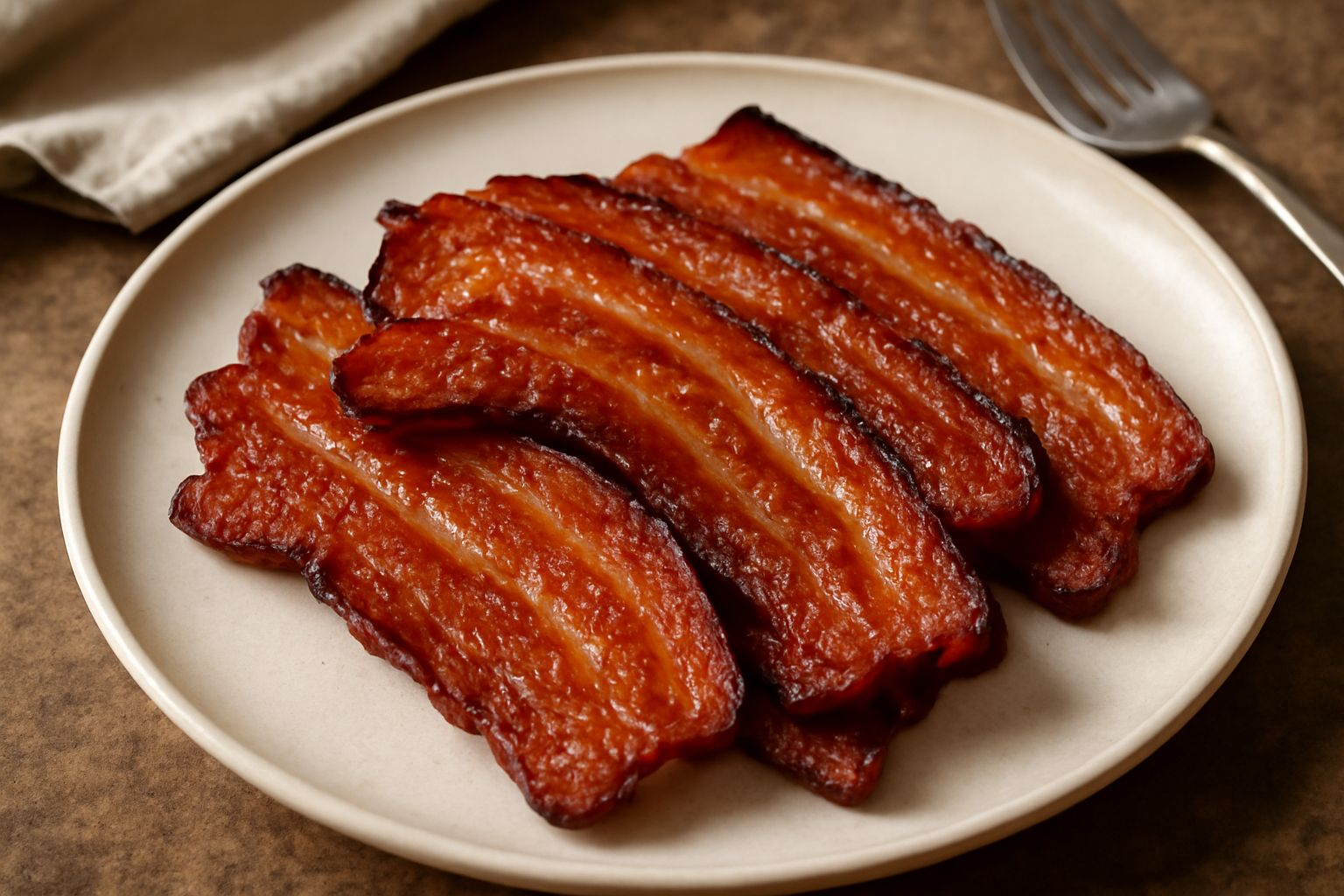 Fette di pancetta arrostita dorate e croccanti su carta assorbente bianca, con bordi leggermente increspati e colore bruno uniforme