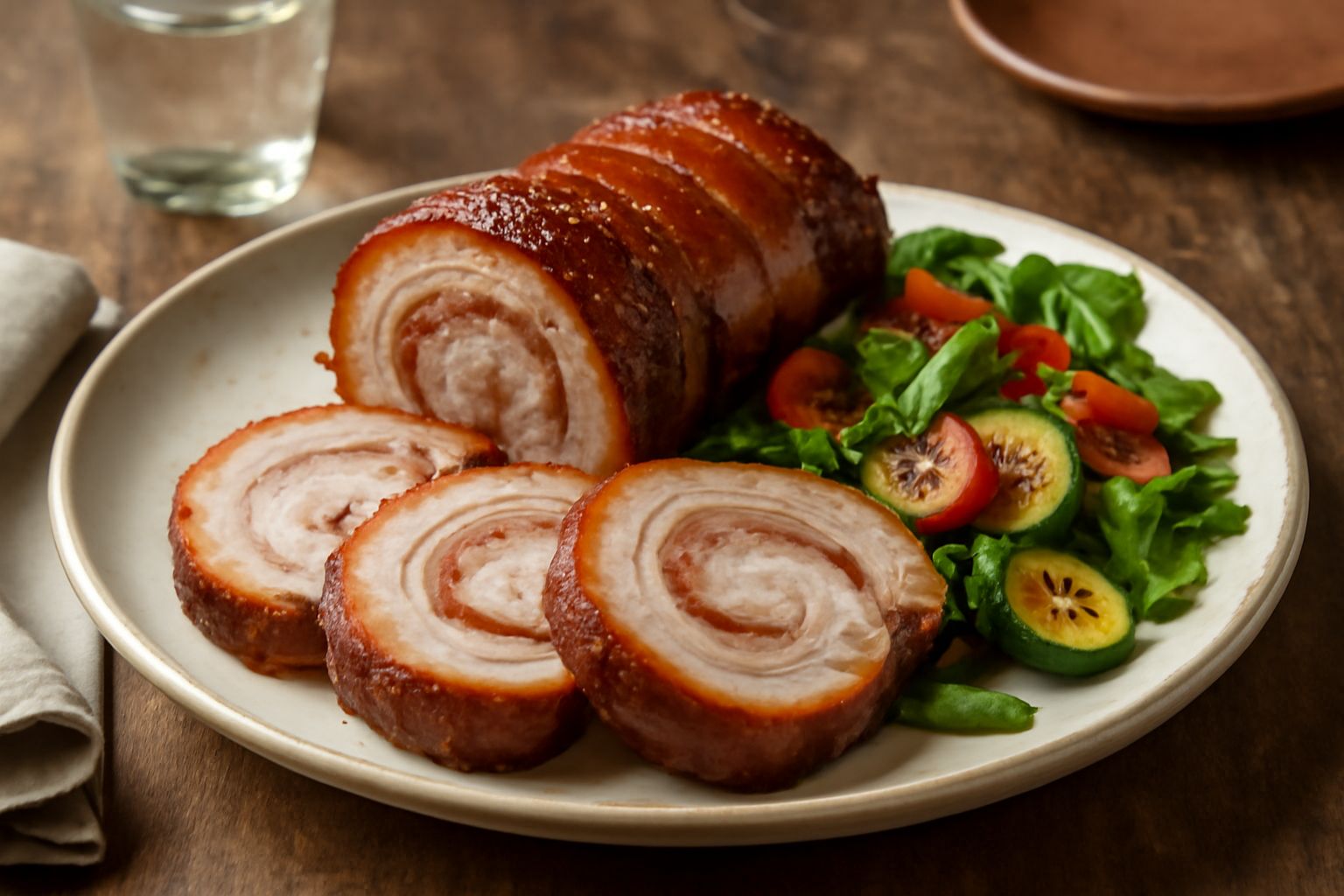 Pancetta arrotolata dorata e croccante su un piatto bianco, affettata per mostrare l'interno succoso, accompagnata da verdure grigliate e prezzemolo fresco