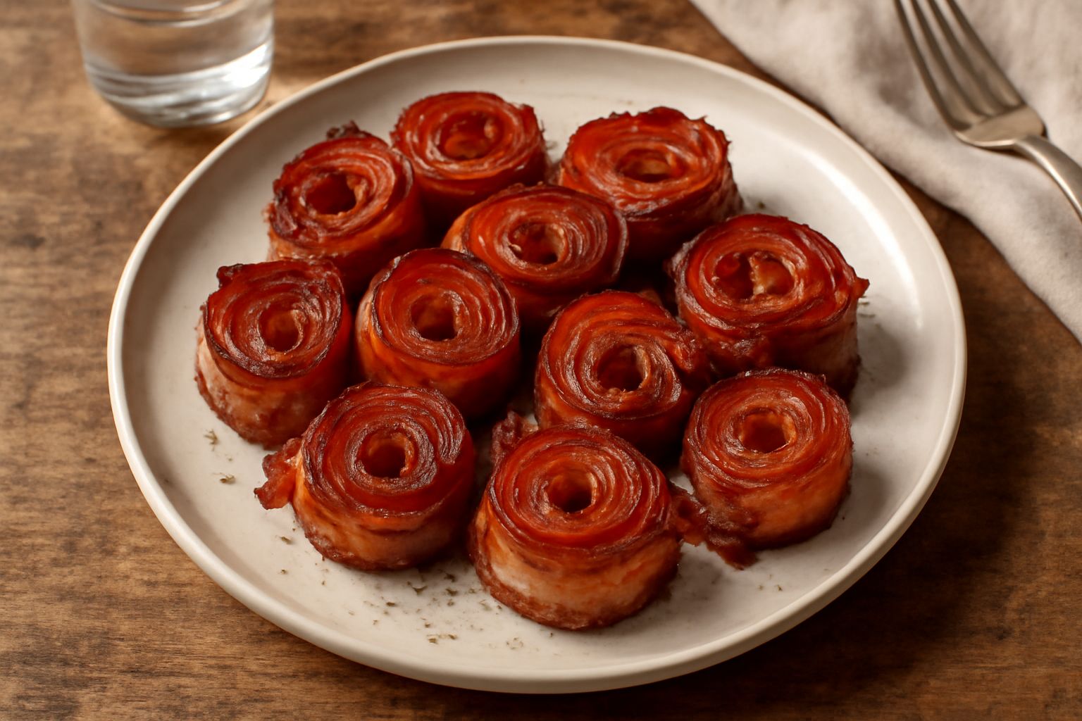 Pancetta arrotolata croccante e dorata in una padella di ghisa con bordi bruniti e grasso trasparente attorno