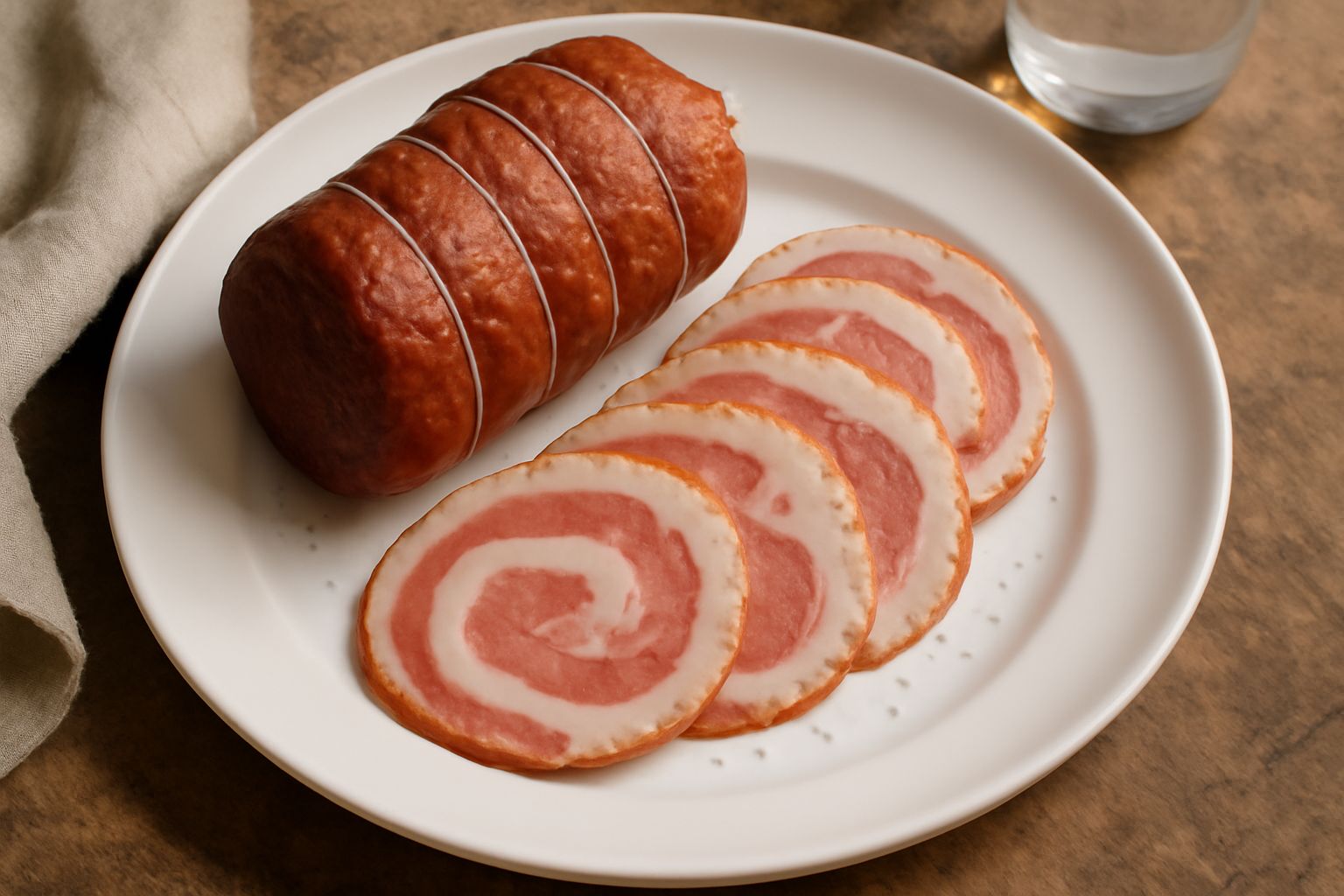 Pancetta arrotolata conservata affettata sottile su un piatto bianco, fette di colore rosato e rosa intenso, grasso bianco striato, erbe aromatiche sparse intorno