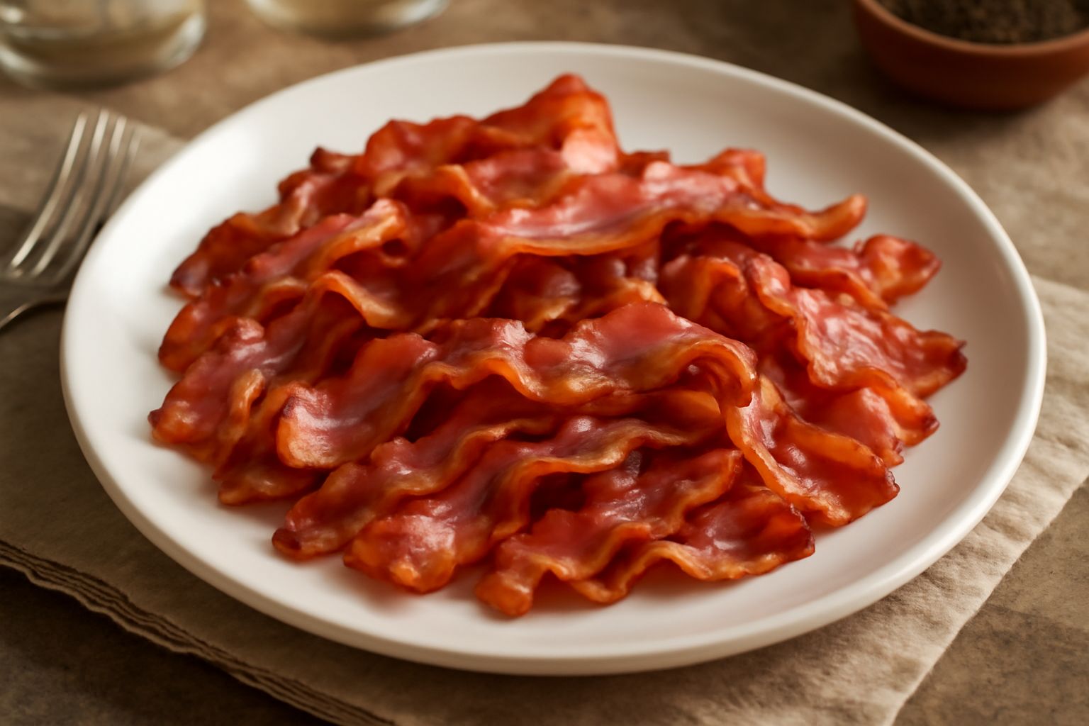 Striscioline di pancetta bresciana dorate e croccanti disposte nel piatto bianco, con bordi caramellati e ancora leggermente umide al centro, servite tiepide con pane tostato accanto