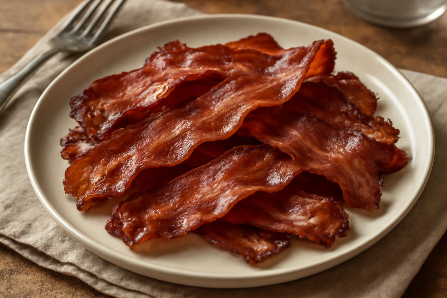 Pancetta croccante dorata su carta da forno, leggermente ondulata, con bordi caramellati e colore marrone scuro uniforme, impiattata in una ciotola bianca