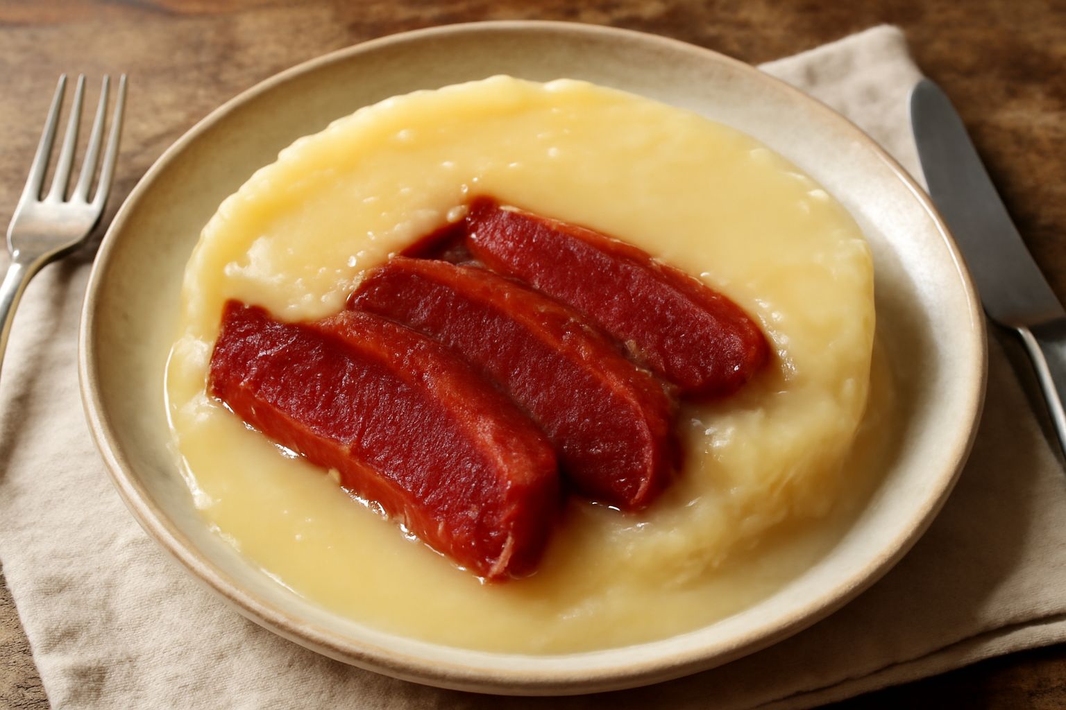 Pancetta cotta affettata sottile dentro un vasetto di vetro ricoperta di sugna bianco-giallognola, con il grasso che sigilla la carne rosa scura, su un tavolo di cucina rustico