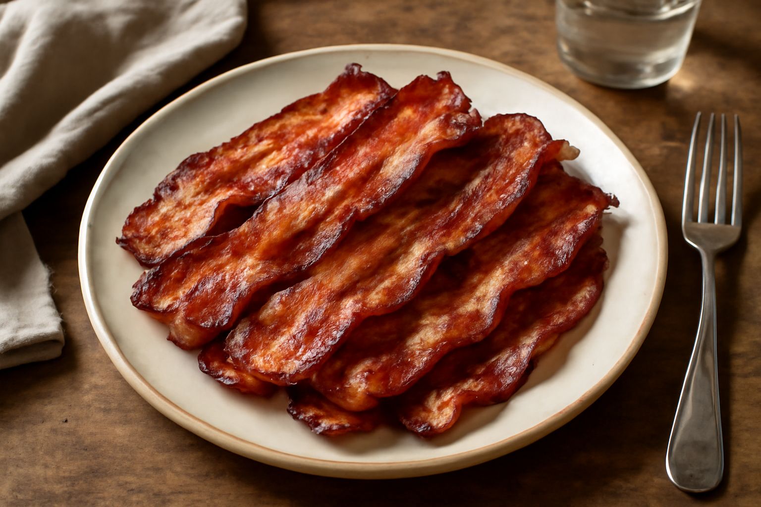 Strisce di pancetta croccante e dorate in una padella antiaderente, ancora fumante, con grasso trasparente attorno ai bordi