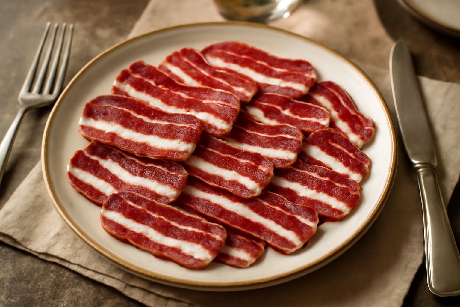 Fette di pancetta di Calabria affumicata, di colore rosso scuro con striature bianche di grasso, disposte a ventaglio su un piatto bianco con una cornicetta di pepe nero grosso