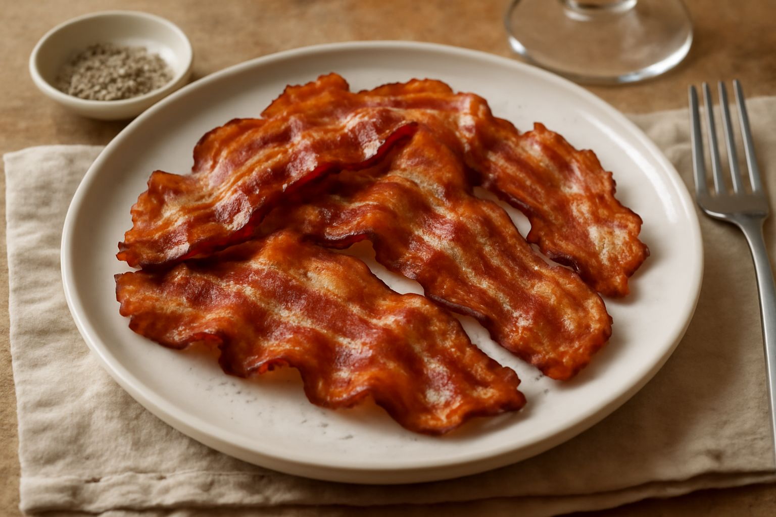 Pancetta di Carpegna affettata e croccante in padella antiaderente, colore marrone dorato uniforme, grasso leggermente trasparente sui bordi, servita su piatto bianco