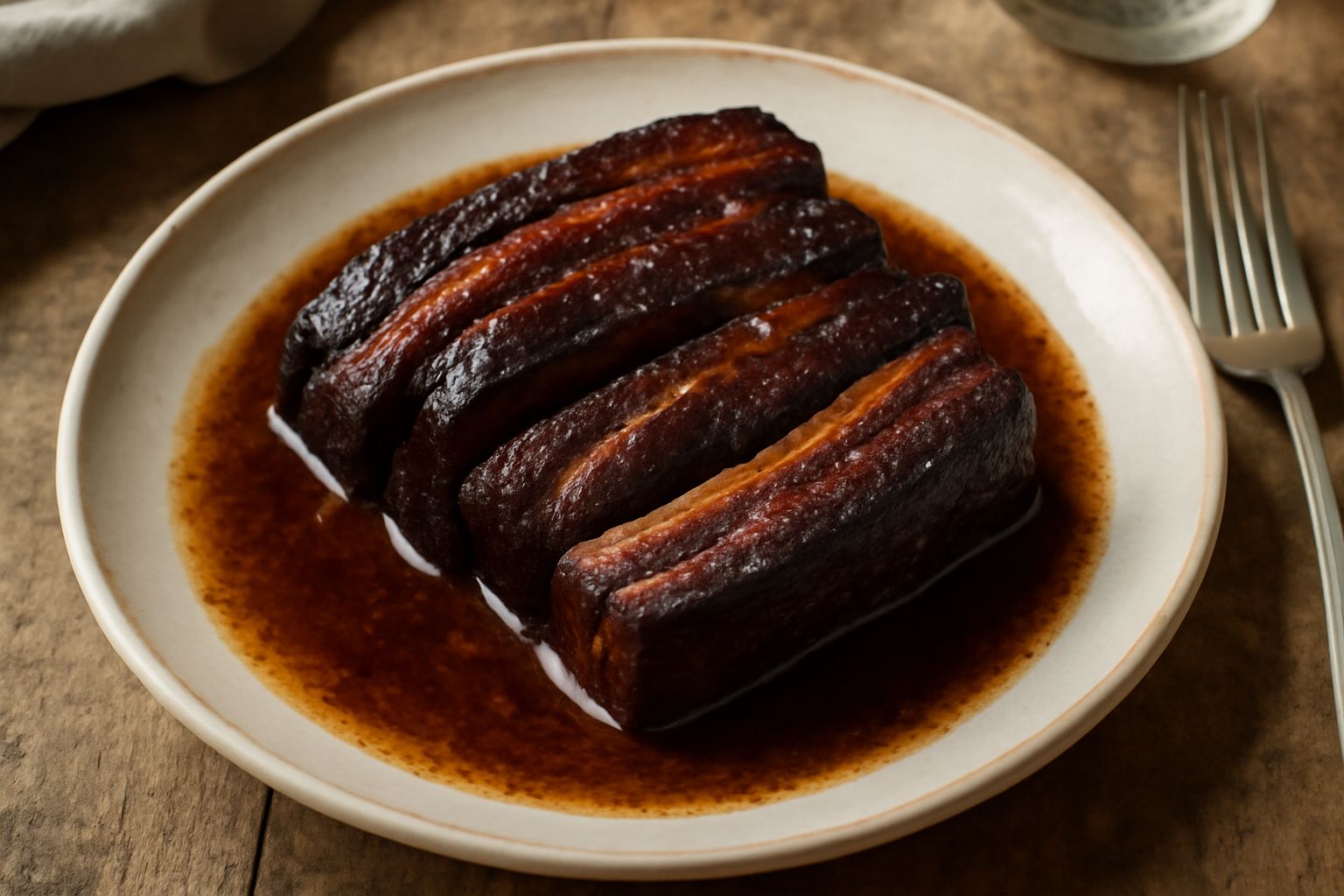 Fette di pancetta di maiale nero cruda disposte su carta bianca, con striature di grasso bianco e carne scura, pronte per la cottura