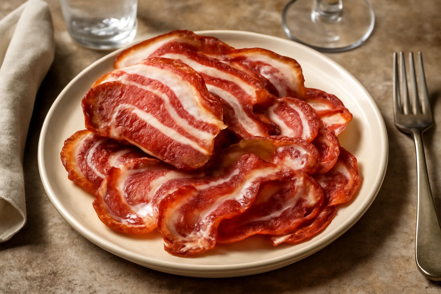 Fette di pancetta di Modena color rosso rubino con striature di grasso bianco latteo, disposte a ventaglio su un piatto bianco, con una leggera iridescenza di umidità