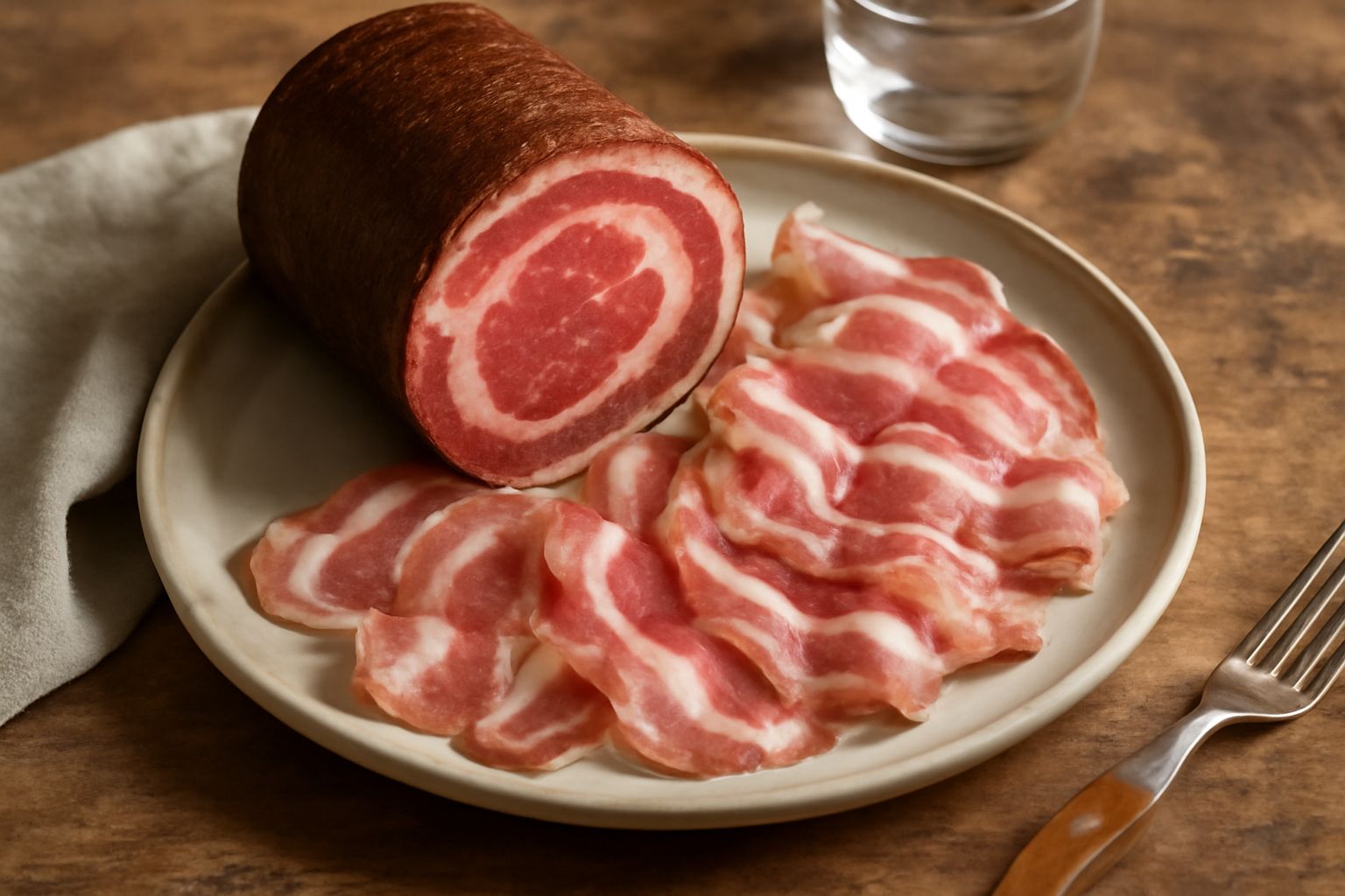 Fette di pancetta di montagna color marrone rosato con striature di grasso bianco-avorio, impilate su un tagliere di legno con contorno di sale grosso e un coltello da affettare