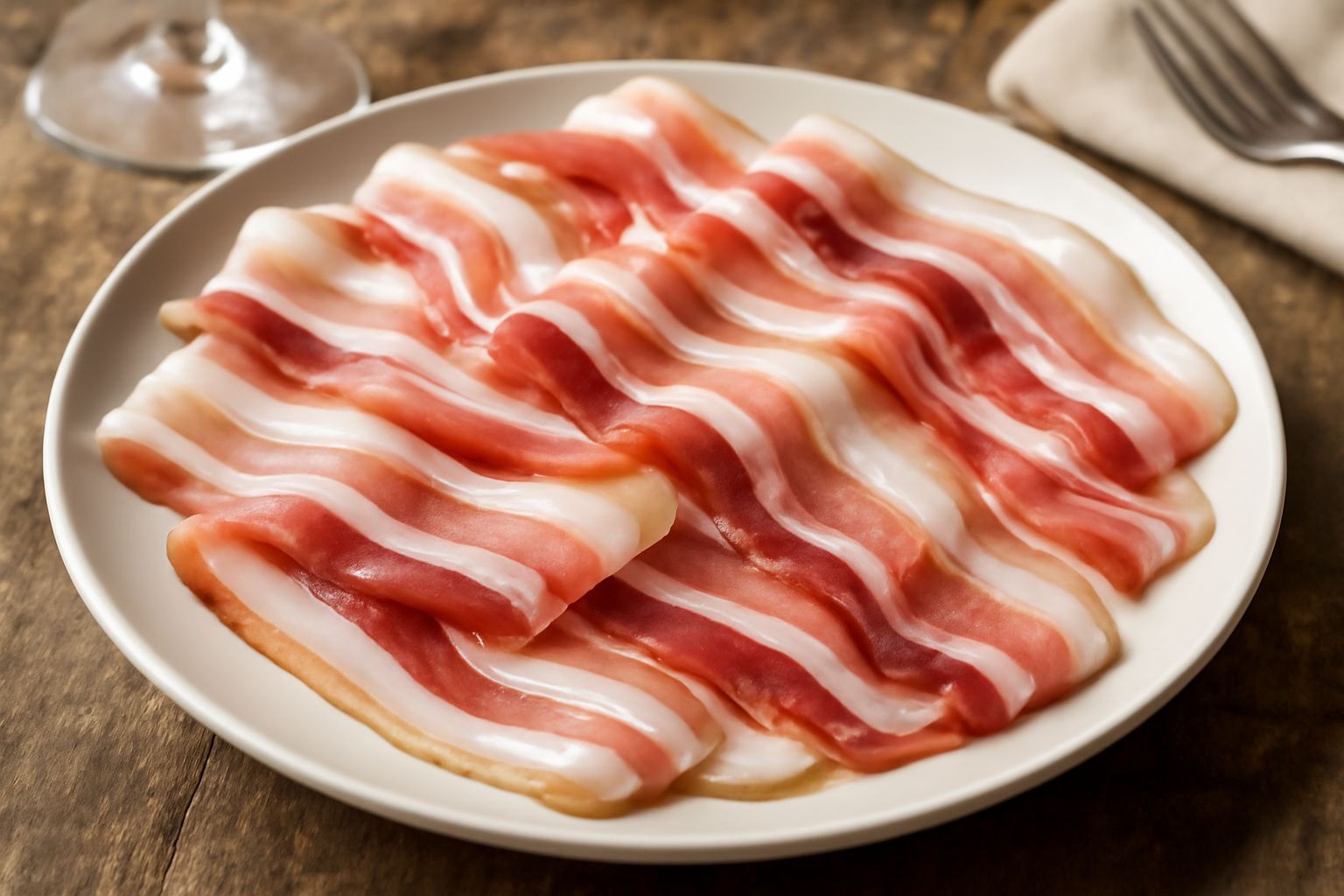 Fette sottili di pancetta di Norcia rosata e regolari, disposte a ventaglio su un piatto bianco, con venature di grasso candido ben visibili
