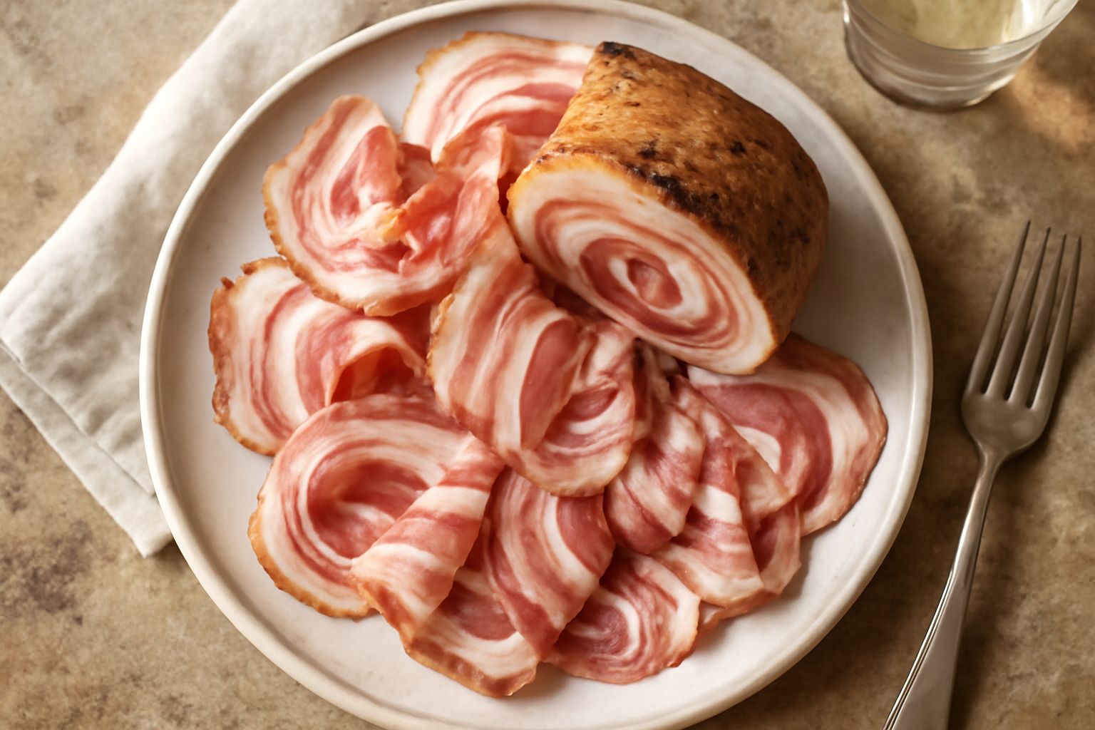 Pancetta di Piacenza affettata su un tagliere di legno con coltello e spezie, vista dall'alto con luce naturale