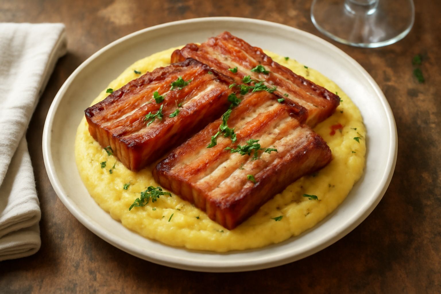 Fette di pancetta di Pienza affumicata e stagionata, tagliate sottili, con striature di grasso bianco su sfondo di legno naturale