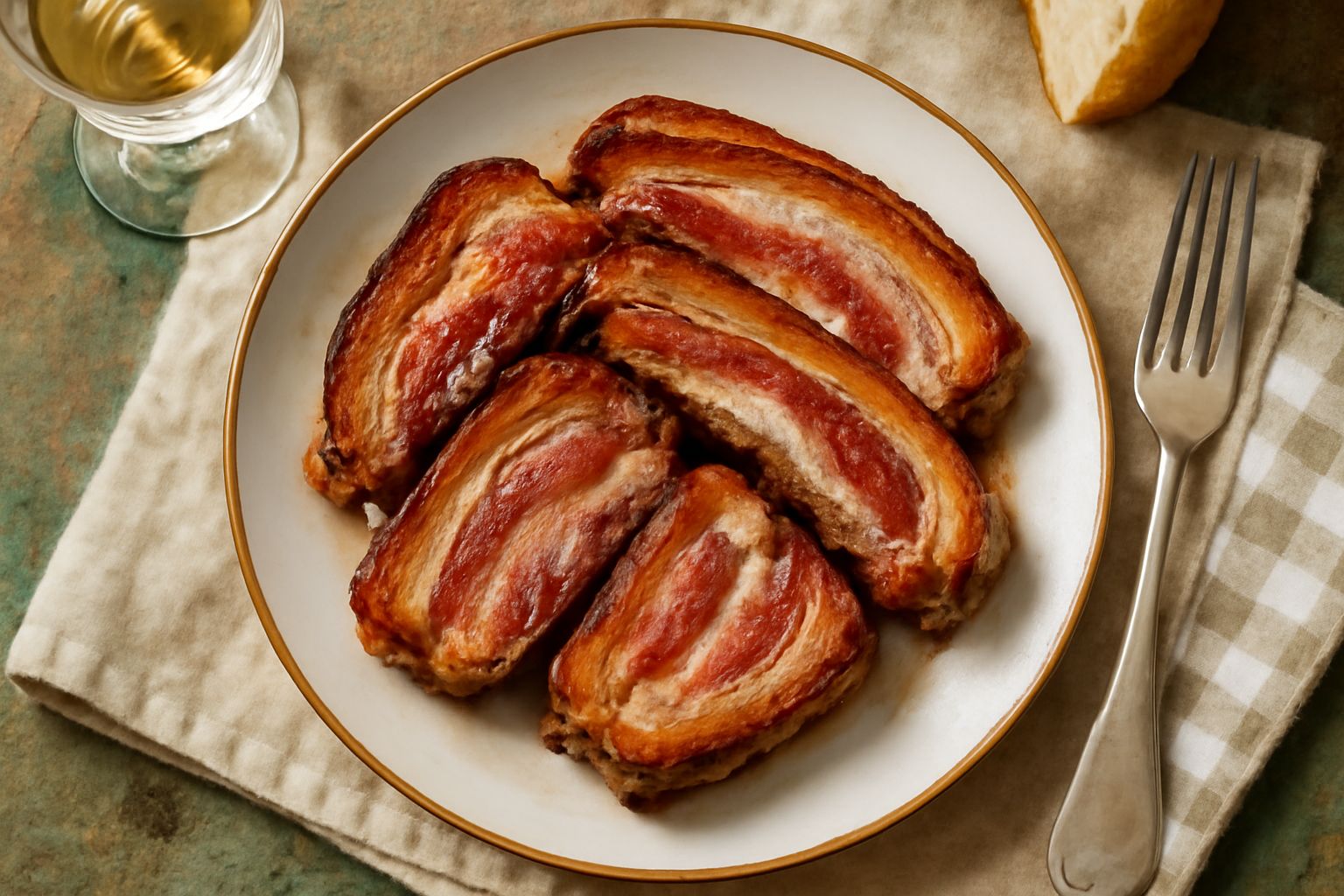Fette di pancetta di Varzi rosa e bianche, marezzate, disposte a ventaglio su un piatto di ceramica con contorno di pane tostato e fette di cipolla rossa