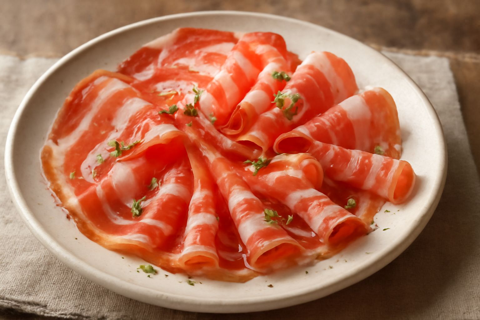 Fette sottili di pancetta rosa e rosso disposte a ventaglio su un piatto bianco, con foglie di menta fresca e limone tagliato accanto, in luce naturale