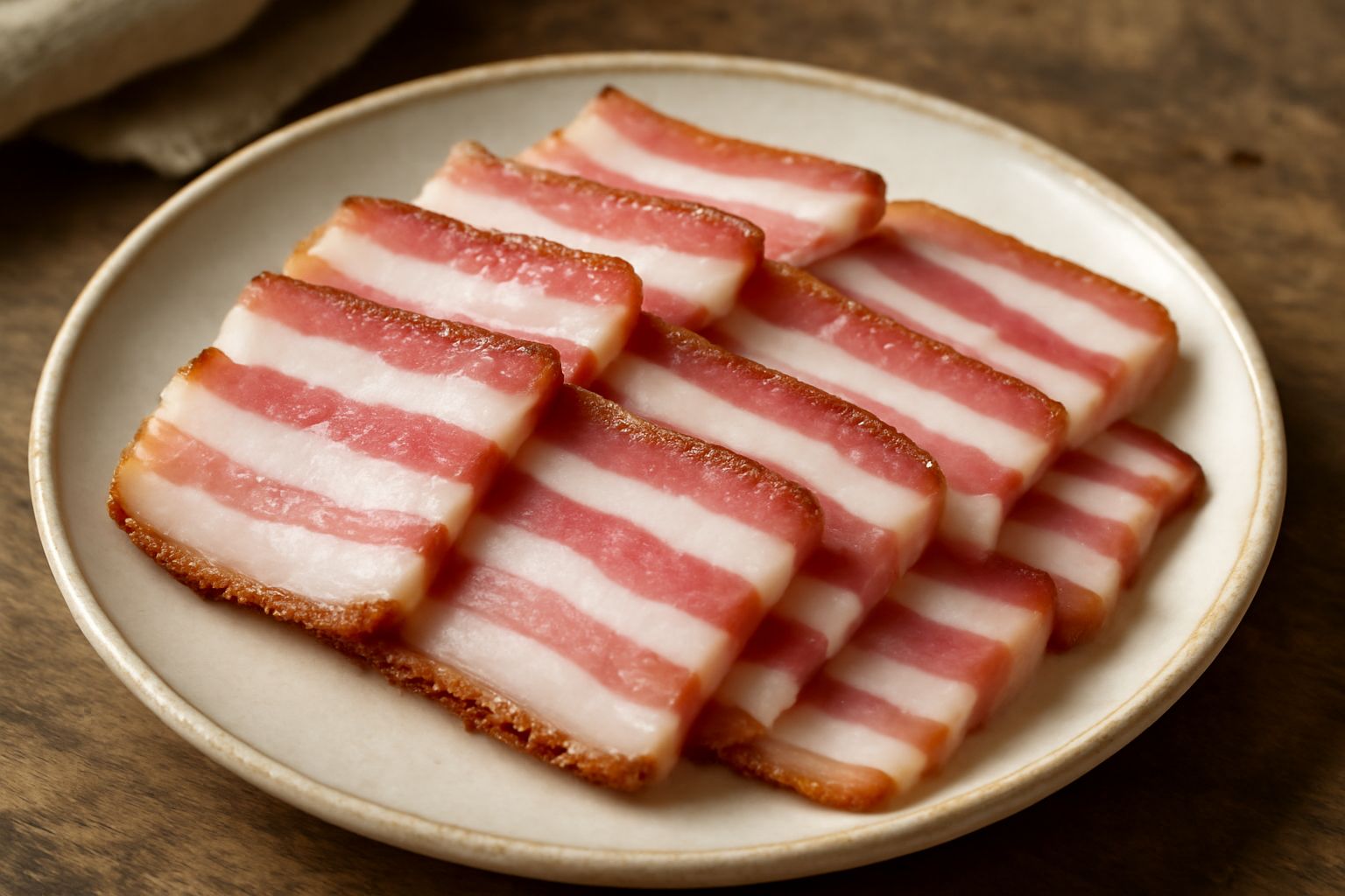 Fette sottili di pancetta salata disposte su un piatto bianco, con colore rosa pallido e striature di grasso bianco, contorno rustico in legno