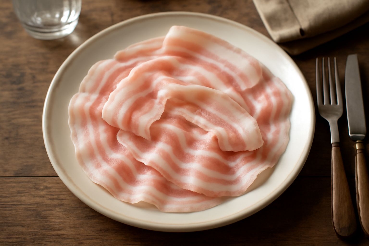 Fette sottili di pancetta sotto grasso su un piatto bianco, color rosa pallido con venature alternate di grasso bianco, disposte a ventaglio, sfondo neutro