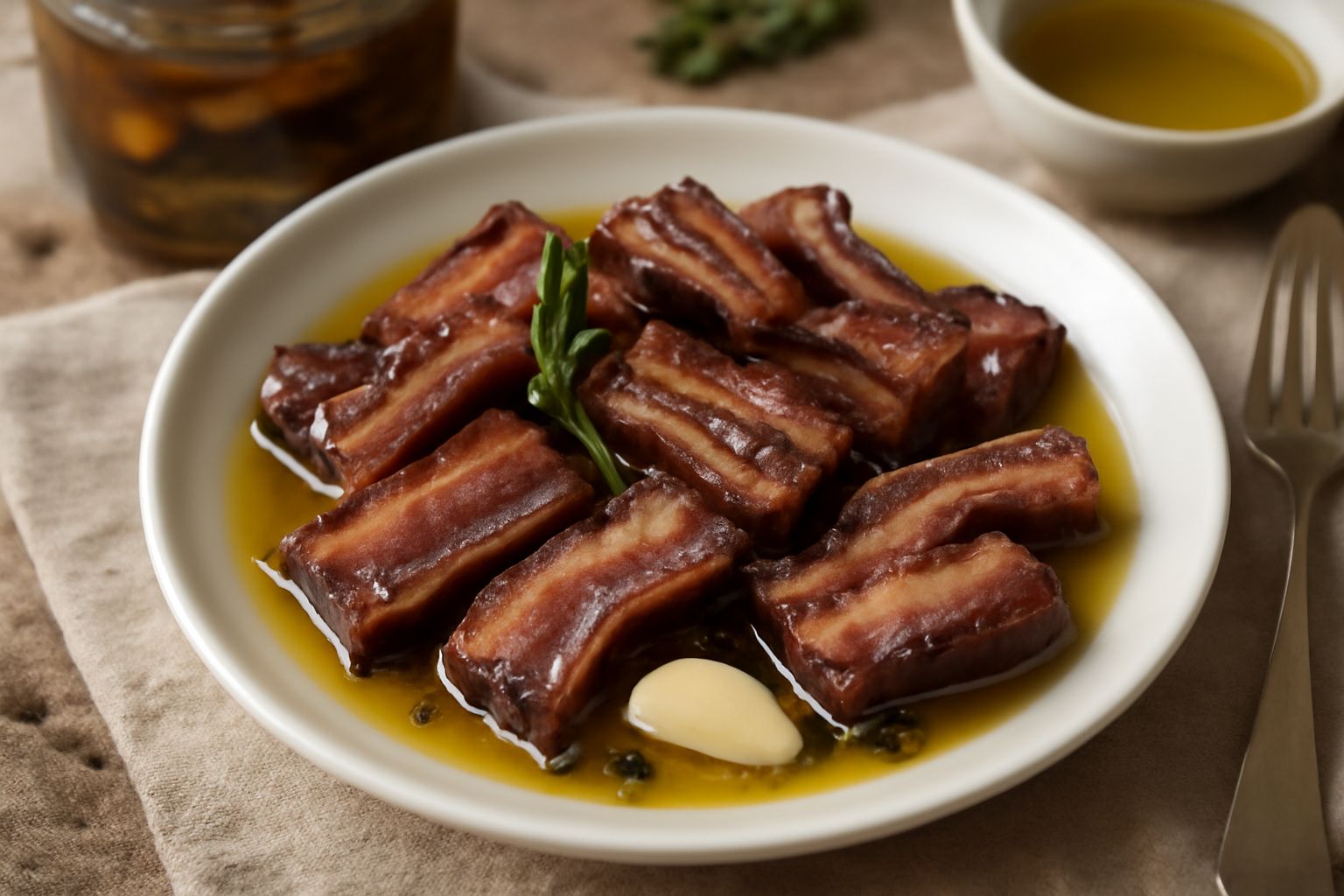 Vasetto di vetro con pancetta affettata sott'olio trasparente, rosmarino e pepe nero visibili, pancetta color marrone scuro con margini dorati, su fondo di legno chiaro con accanto un cucchiaio di leg