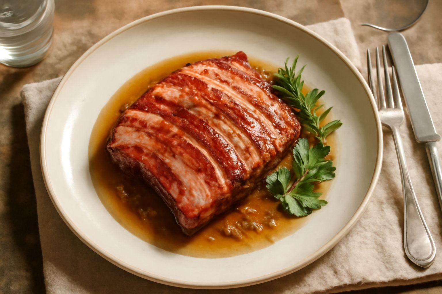 Pancetta stagionata affettata sottile, disposta a onde in una padella antiaderente, parzialmente croccante con bordi dorati e parte centrale ancora morbida, accanto un piatto bianco con tre fette dora