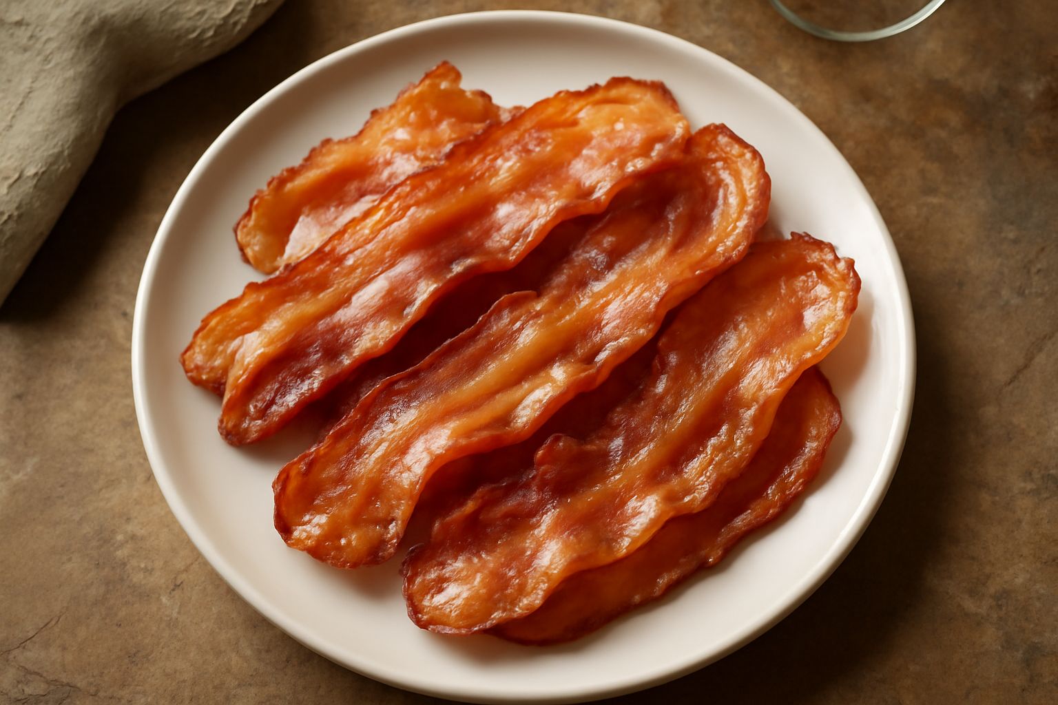 Fette di pancetta stesa dorate e croccanti su un piatto bianco, con i bordi leggermente ondulati, servite con un contorno di verdure grigliate