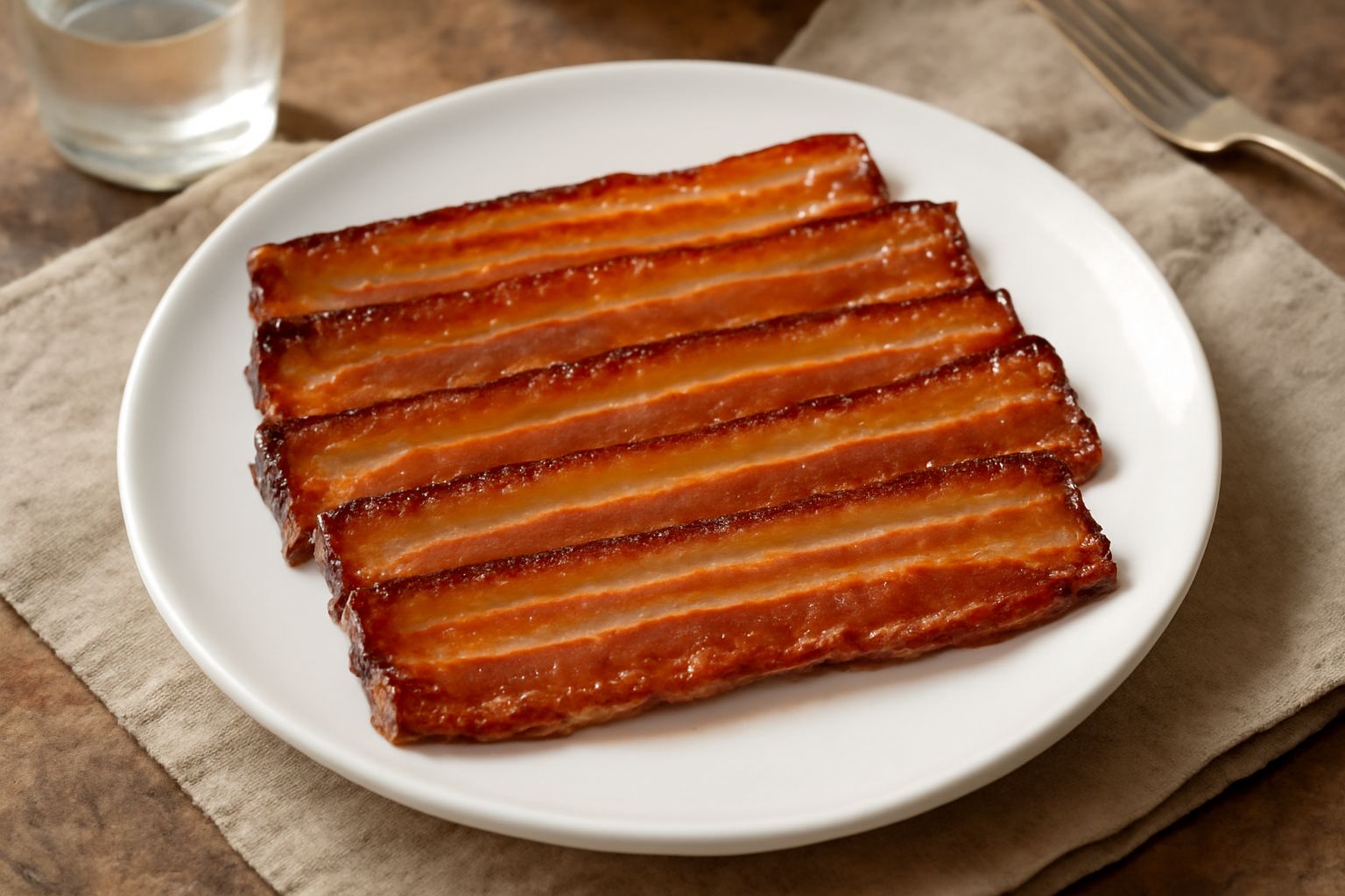 Fette di pancetta tesa dorate e croccanti appoggiate su carta bianca, bordi arricciati leggermente scuri, superficie ben asciutta
