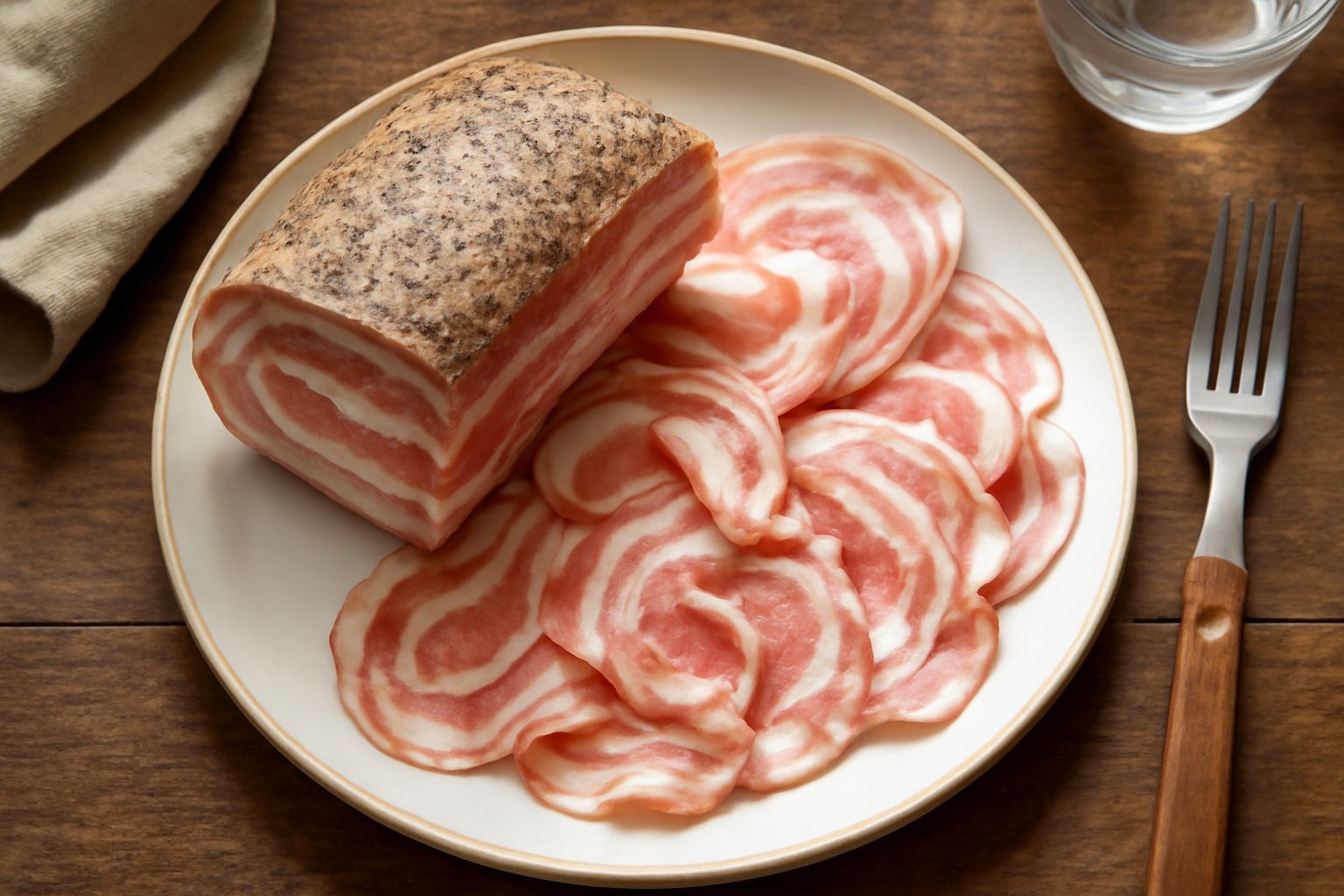 Fette sottili di pancetta veneta dal colore rosato con venature di grasso bianche, affumicate e lucide, disposte su un piatto bianco
