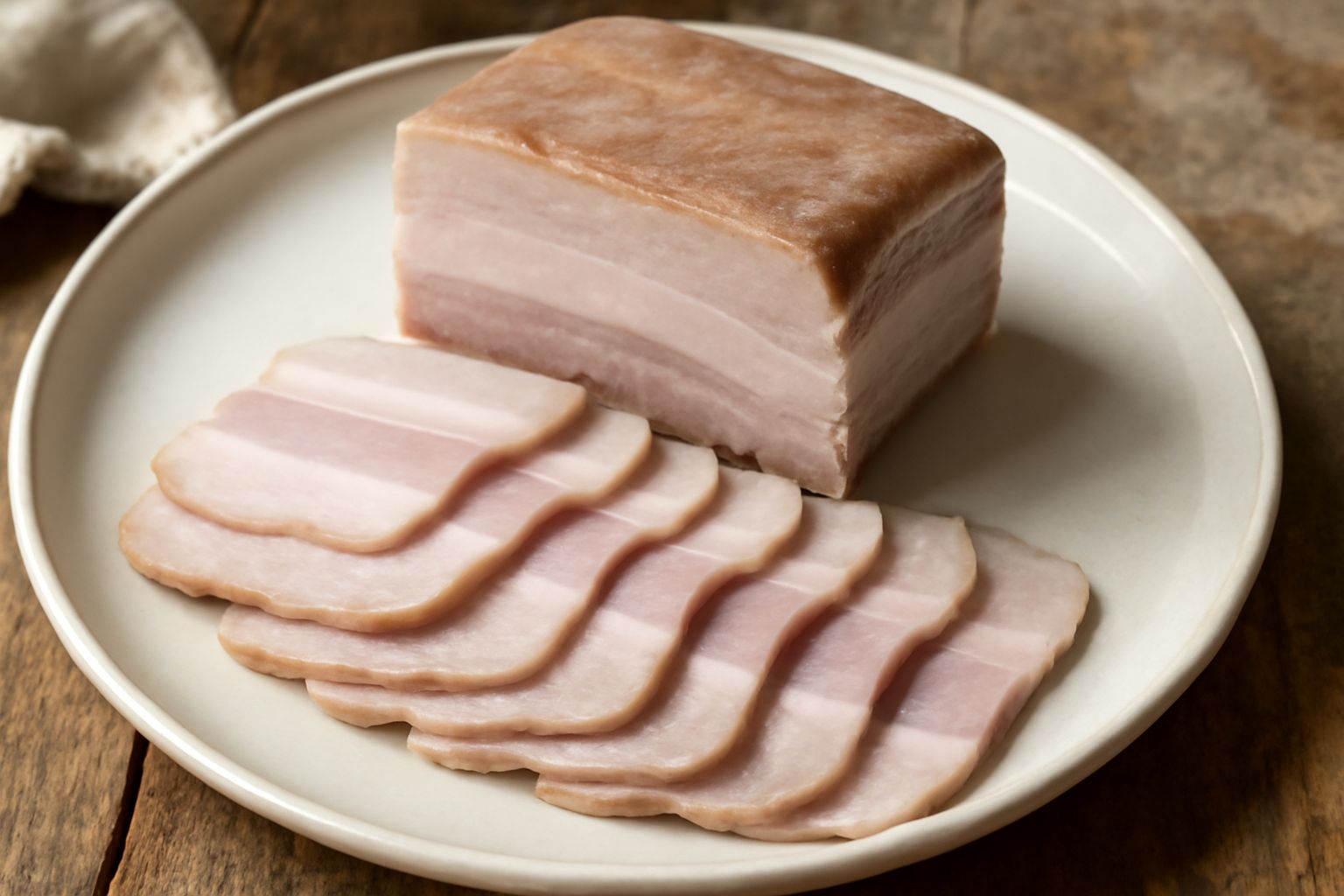 Pancia di maiale cotta affettata, di colore bianco e rosato, adagiata su un piatto bianco con contorno di verze bollite, brodo chiaro intorno e rosmarino fresco come guarnizione