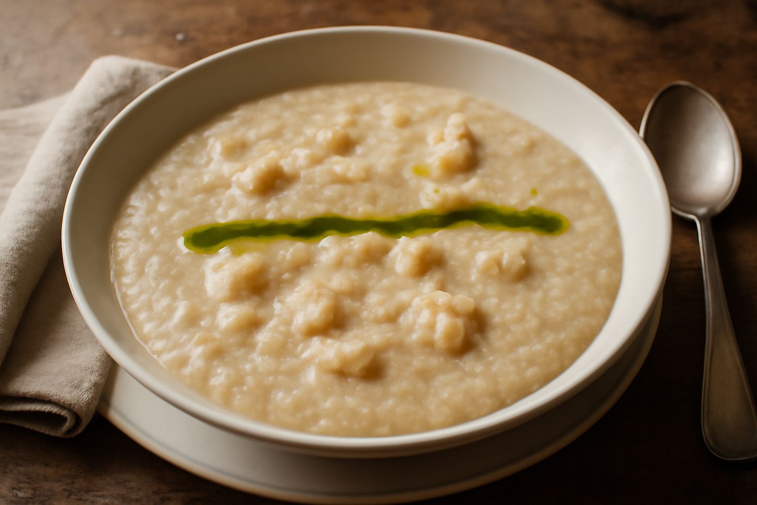 Ciotola di pancotto fumante color beige chiaro, cremoso, con cubetti di pane morbido, foglie di prezzemolo verde fresco e filo di olio d'oliva in superficie, servito in un piatto di ceramica bianca