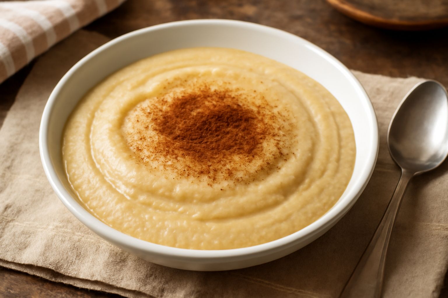 Una ciotola di ceramica bianca con pancotto dolce di colore beige chiaro, cremoso, con superficie liscia e leggermente increspata, guarnito con un pizzico di cannella e uvetta, cucchiaio in ceramica a