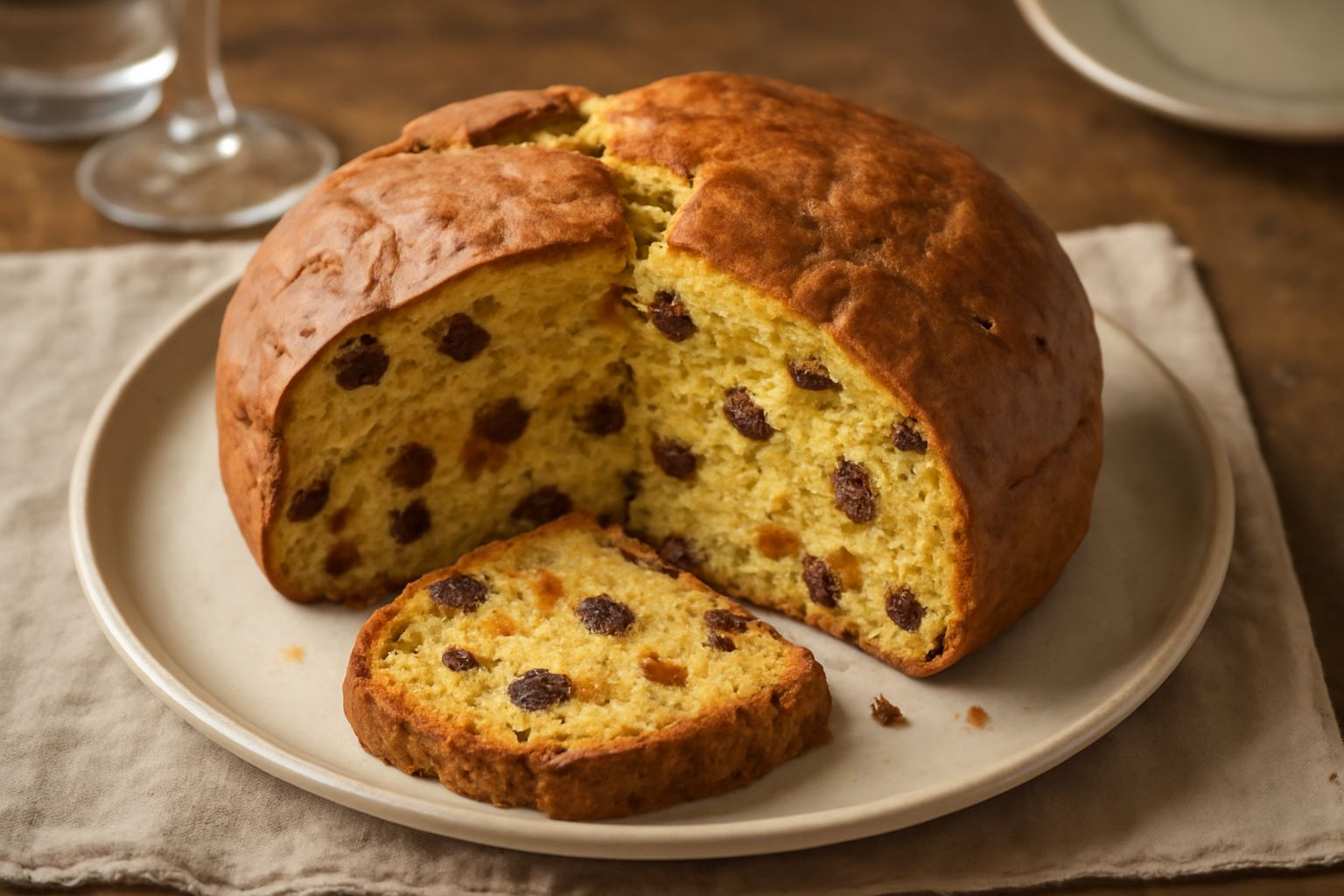 Pandolce intero affettato su carta bianca, con mollica gialla e dorata, uvetta nera e pezzetti di frutta candita ben visibili, atmosfera natalizia con rami di abete sfocato sullo sfondo