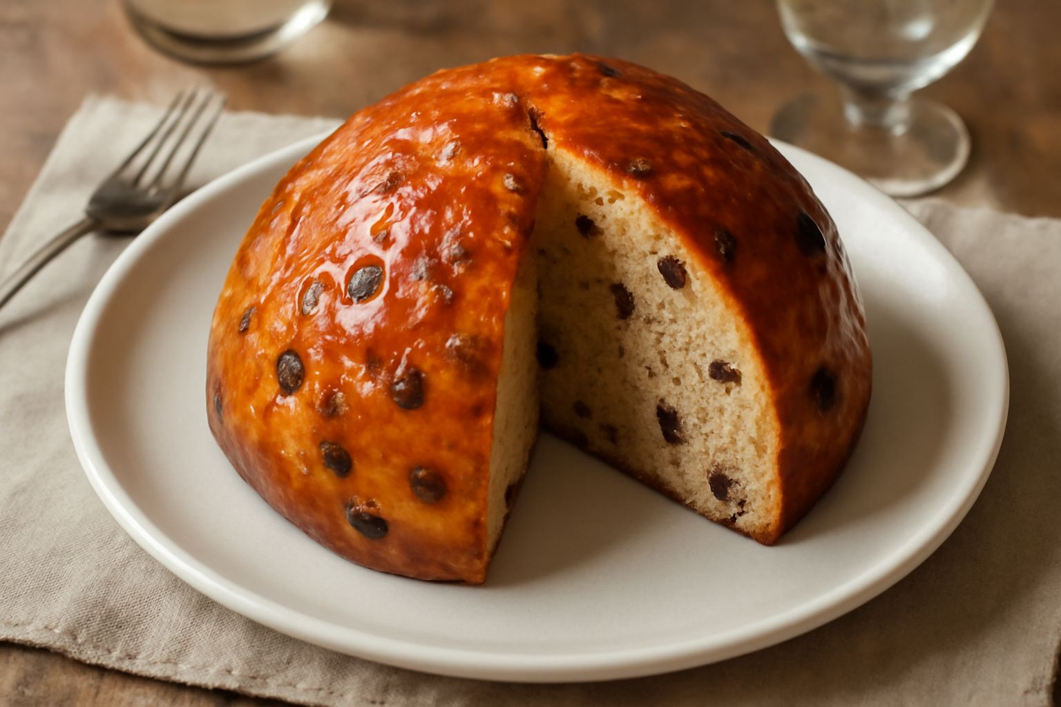 Pandolce alessandrino intero tagliato a fette, colore dorato con striature arancioni di frutta candita e uvetta scura, servito su un piatto bianco con sfondo scuro