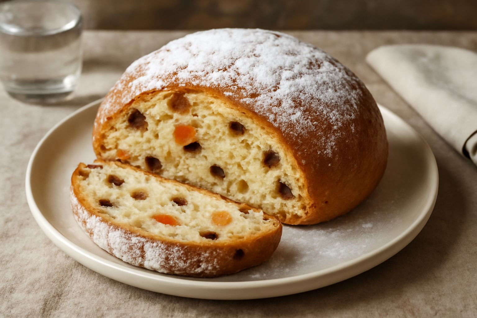 Pandolce beneventano intero a fette su un piatto bianco, di colore marrone dorato, con visibili pezzi di frutta candita rossa e verde, uvetta scura e noci, spolverato di zucchero a velo