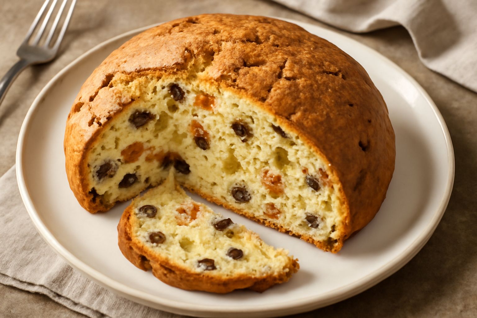 Pandolce bresciano affettato su tavolo di legno, con interior morbido e ricco di frutta secca colorata, crosta dorata, accanto tazza di caffè