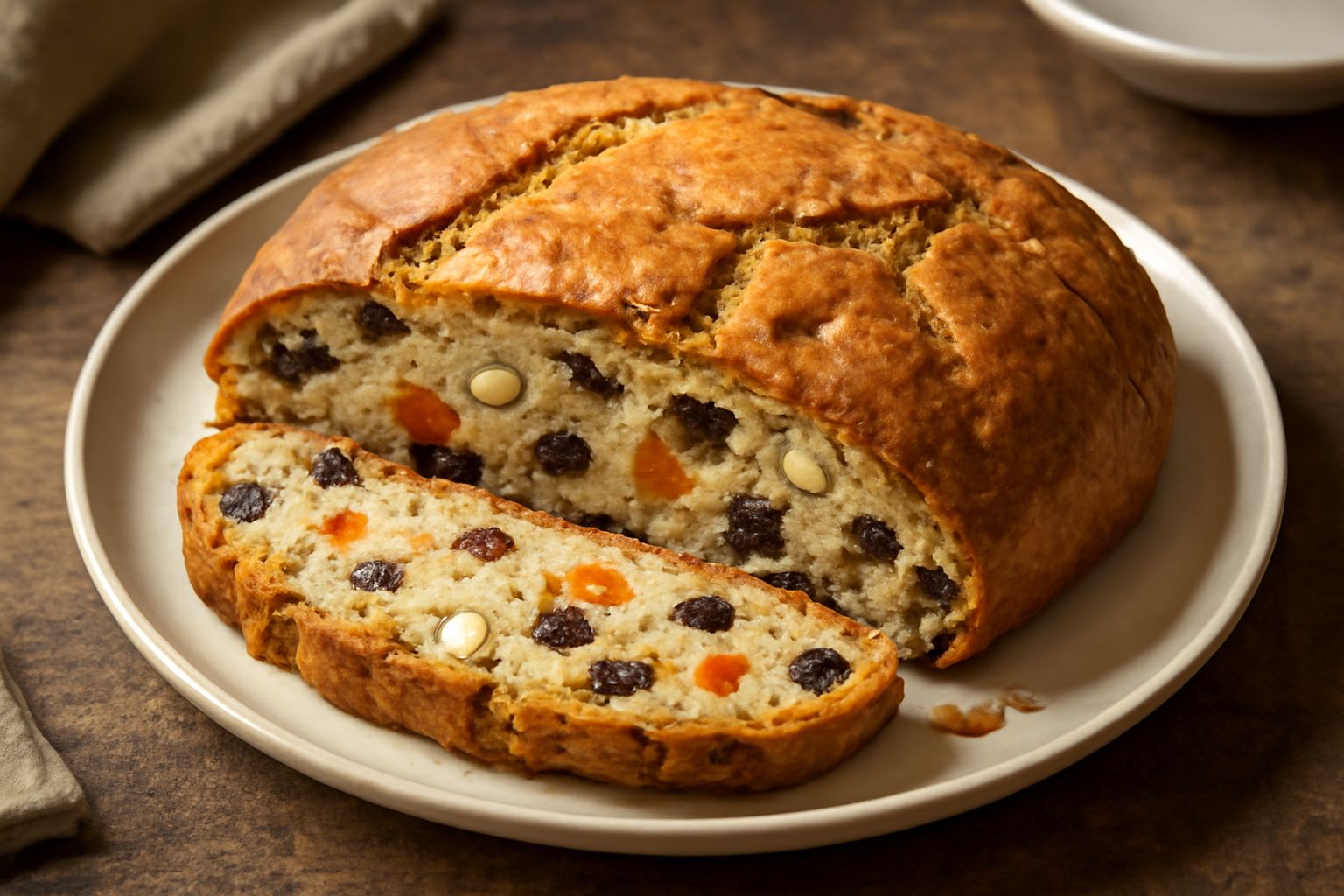 Pandolce calabrese intero con crosta dorata, tagliato in fette, con visibili mandorle intere, frutta candita e uvetta scura, su piatto bianco con tovaglia natalizia