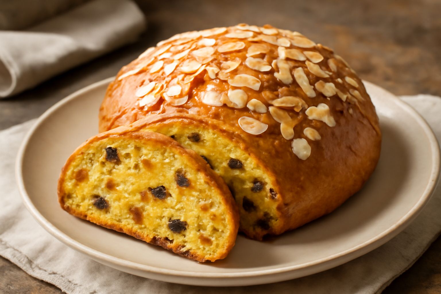Pandolce cuneese intero tagliato a fette, mollica giallo dorato, superficie glassata con mandorle sfilettate, frutta candita visibile in sezione, su piatto bianco con tovaglia di lino