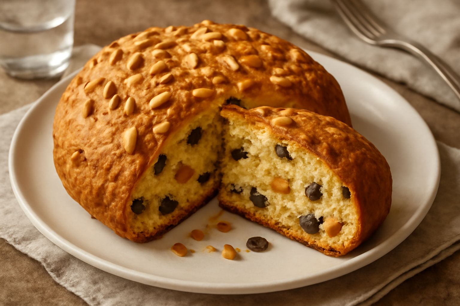 Pandolce di Genova intero su tavolo di legno, superficie dorata con pinoli, sfoglia di pasta gialla con visibili pezzi di frutta candita e uvetta, tagliato a fette nel piatto accanto