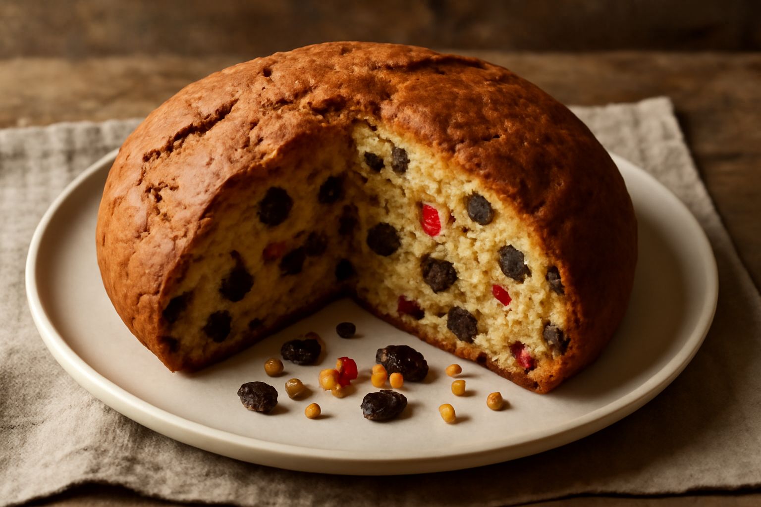 Pandolce genovese veneto a fette su un piatto bianco, con superficie dorata punteggiata di pinoli, frutta candita visibile nell'impasto, accanto una tazza di tè