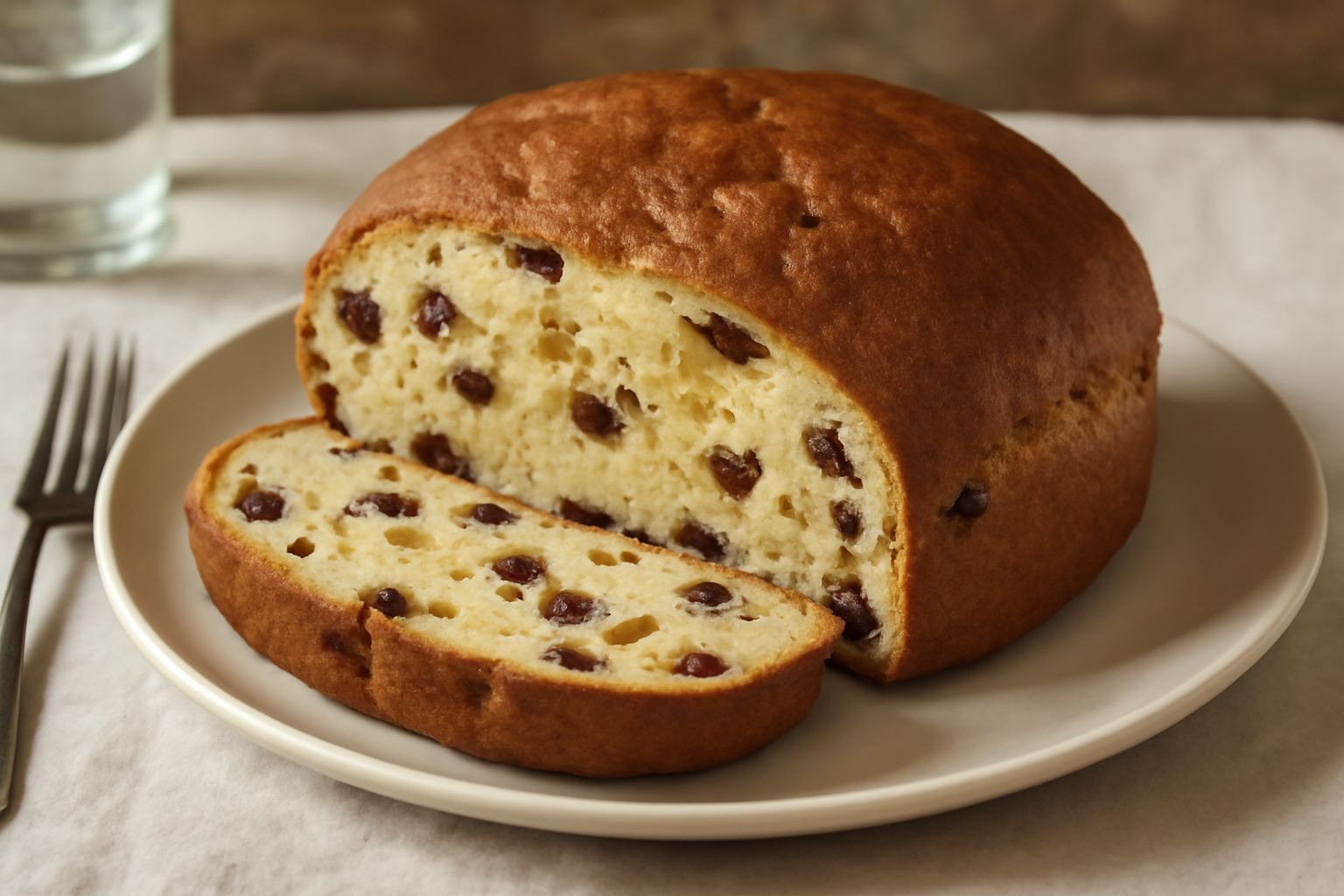 Pandolce mantovano tagliato a fette, color nocciola dorato, con uvetta nera e canditi d'arancia visibili nella mollica soffice, impiattato su un piatto bianco con una tazza di tè