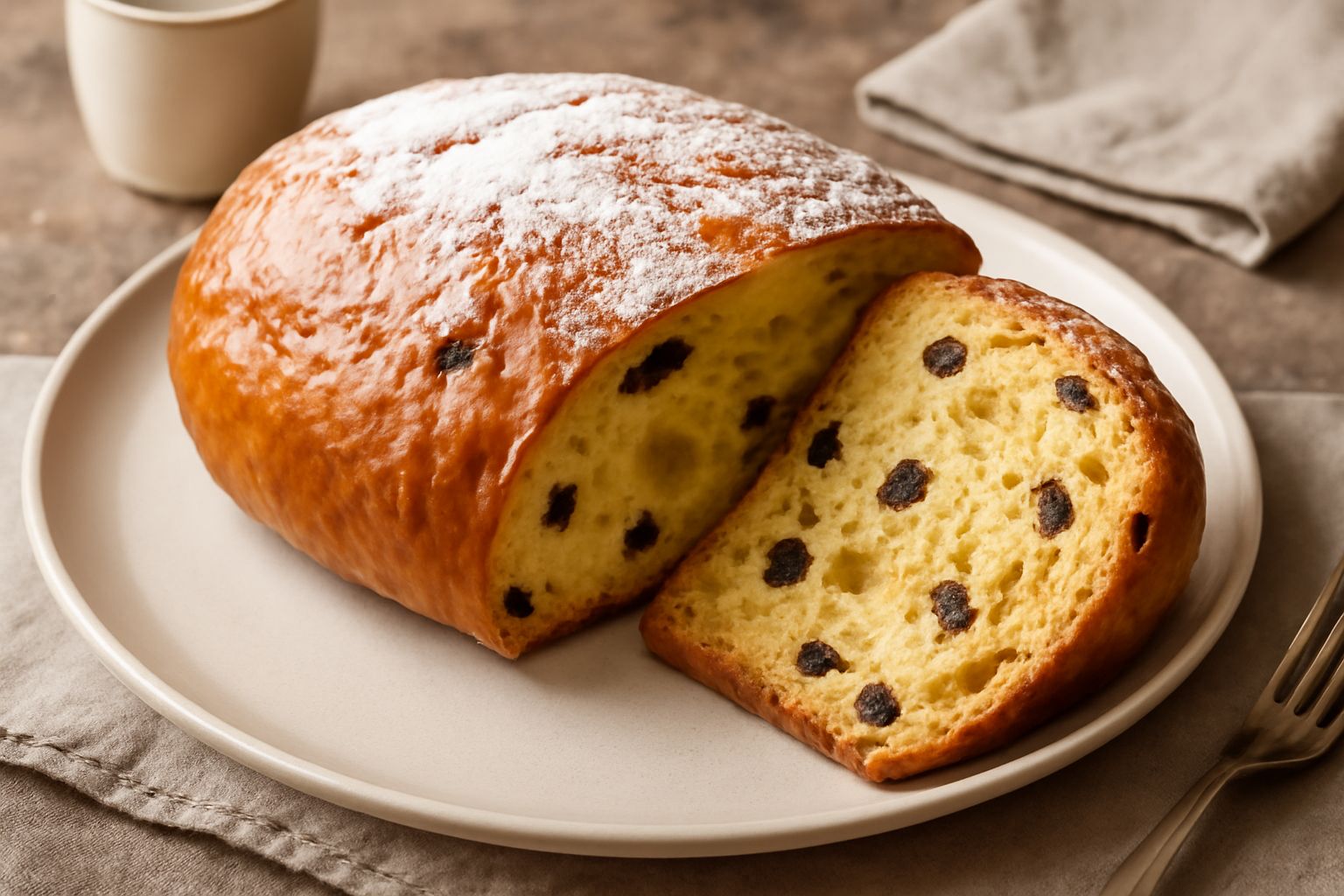 Pandolce modenese a fette su un piatto bianco, dalla forma ovale arrotondata, con crosta dorata, interno giallo con pezzetti di uvetta scura visibili, accanto una tazza di caffè e tovagliolo bianco