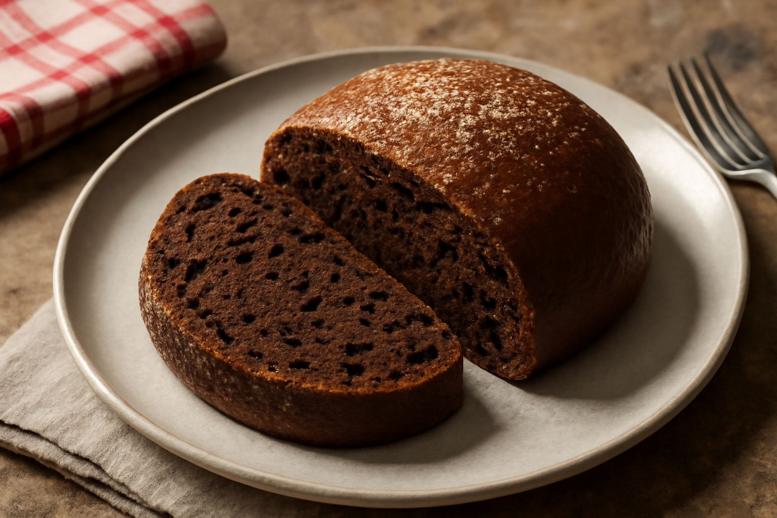 Pandolce nero affettato su un piatto bianco, con visibili frutta secca e canditi gialli e rossi, superficie dorata e spolverata di zucchero semolato, su sfondo neutro