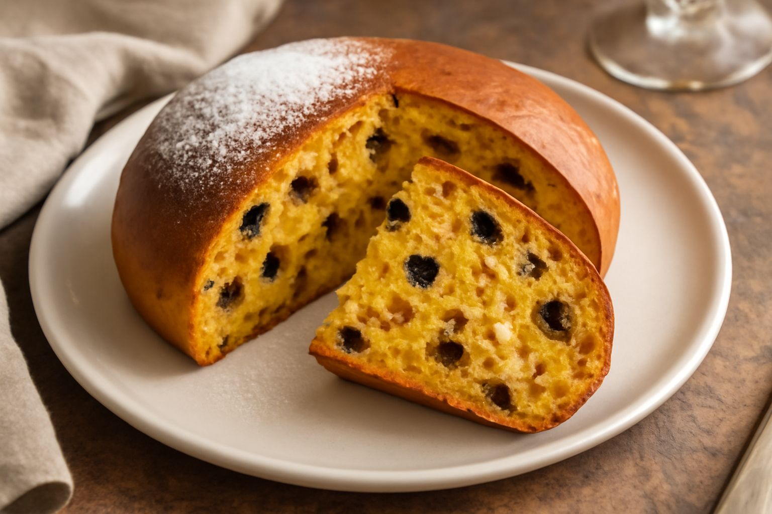 Pandolce pavese affettato su piatto bianco, colore giallo dorato con uvetta e pinoli visibili, accanto una tazza di tè
