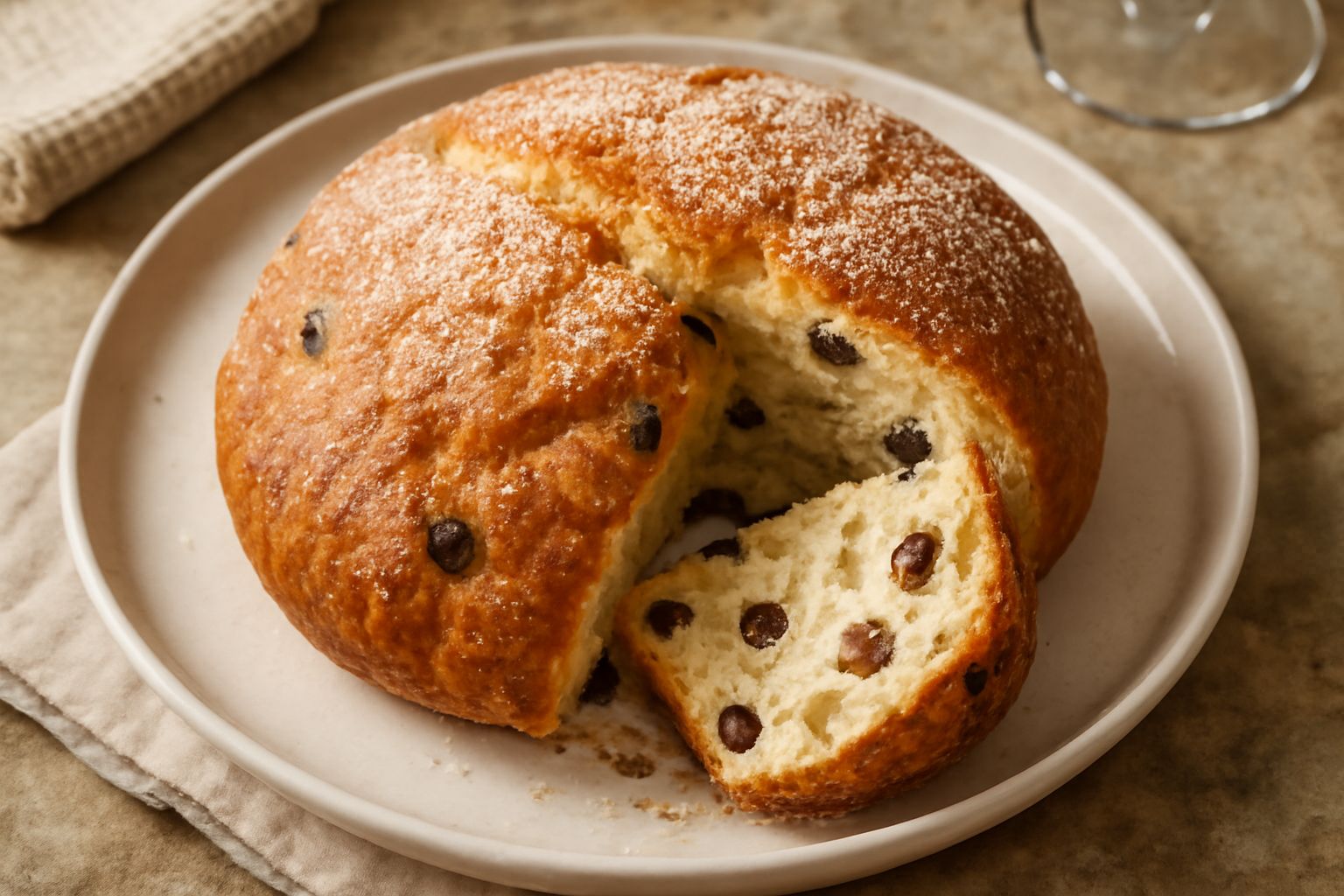 Pandolce piacentino intero a fette su un tavolo di legno, colore dorato ambrato, superficie coperta di zucchero semolato, uvetta e pinoli visibili nella mollica, accompagnato da un coltello da dolce