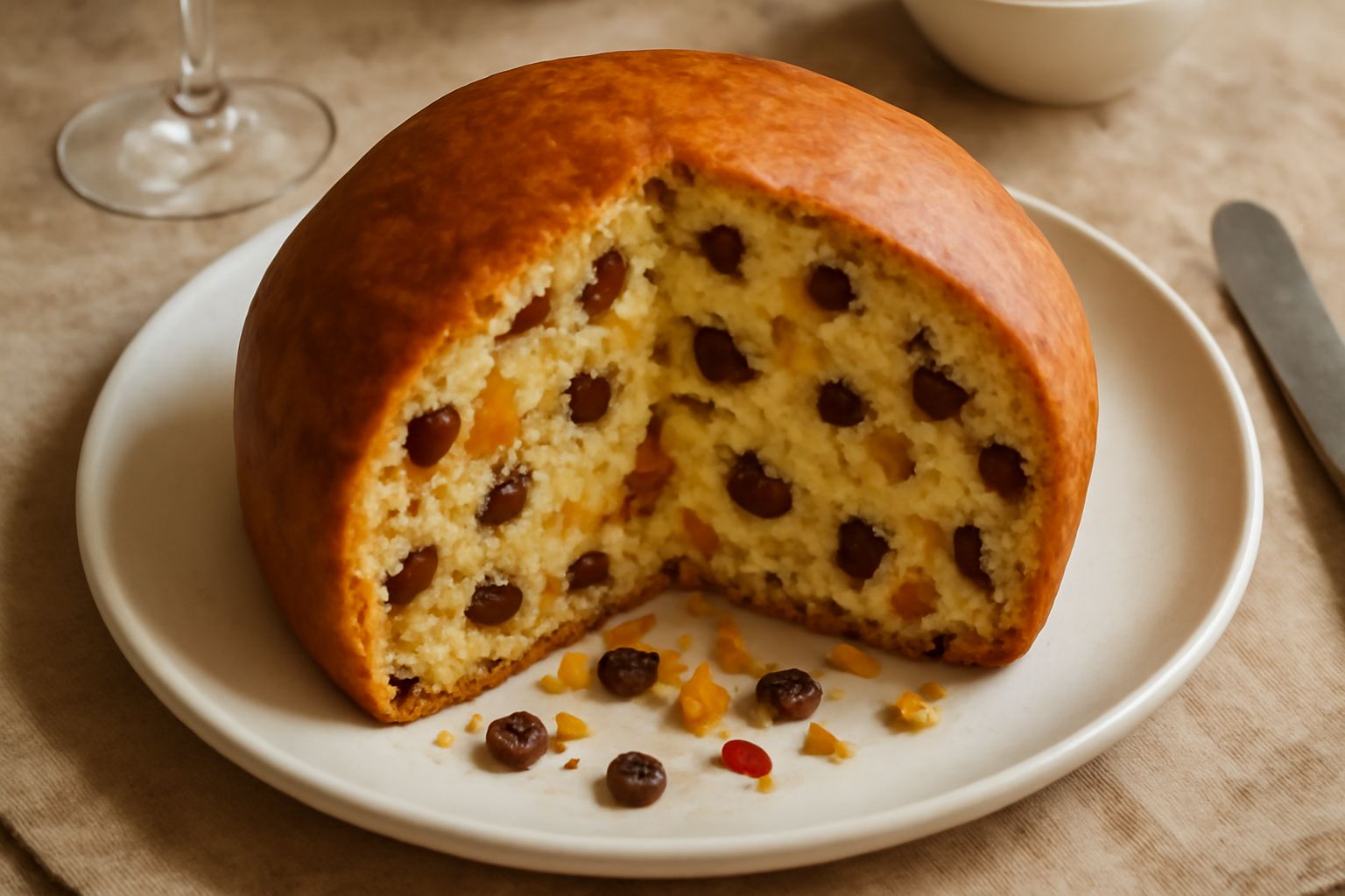 Pandolce piemontese affettato su piatto bianco, mollica giallo-dorata con frutta candita visibile, crosta dorata uniforme, fette di due centimetri di spessore