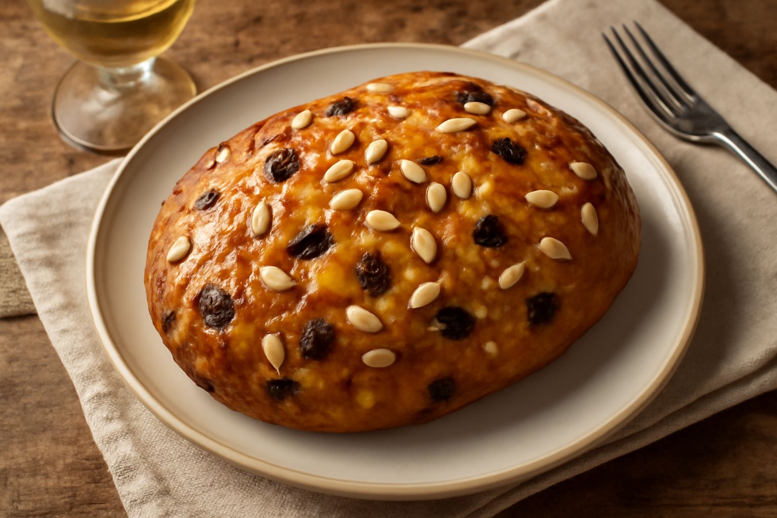 Pandolce rodigino a fette su piatto bianco, con superficie dorata e lucida, ricco di frutta candita gialla e arancione, uvetta scura e pinoli crema sparsi in superficie e tra i veli di impasto