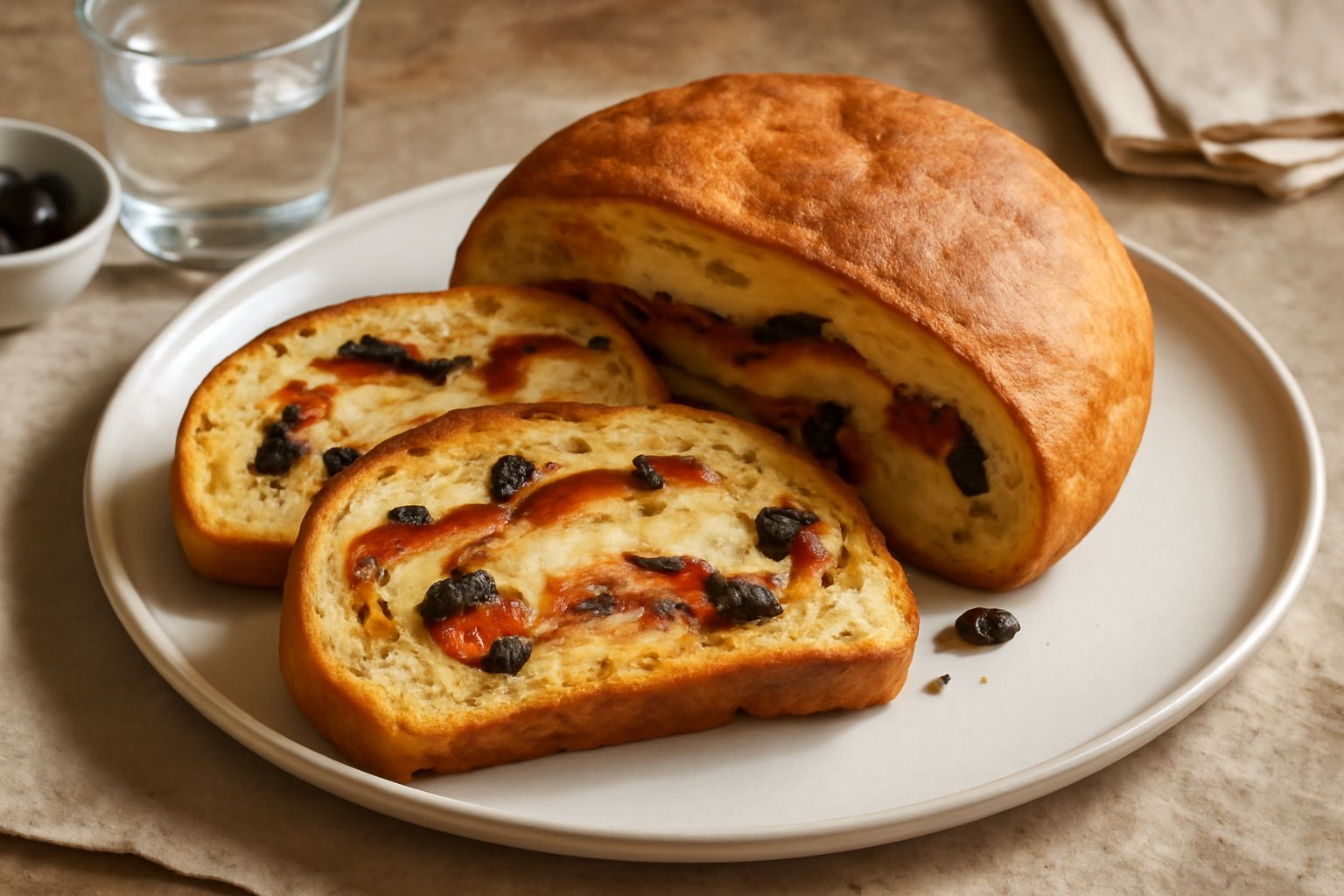 Pandolce salato affettato su un piatto bianco, che mostra il ripieno variegato di formaggio filante, pomodori secchi e olive, con la mollica dorata e soffice visibile al taglio